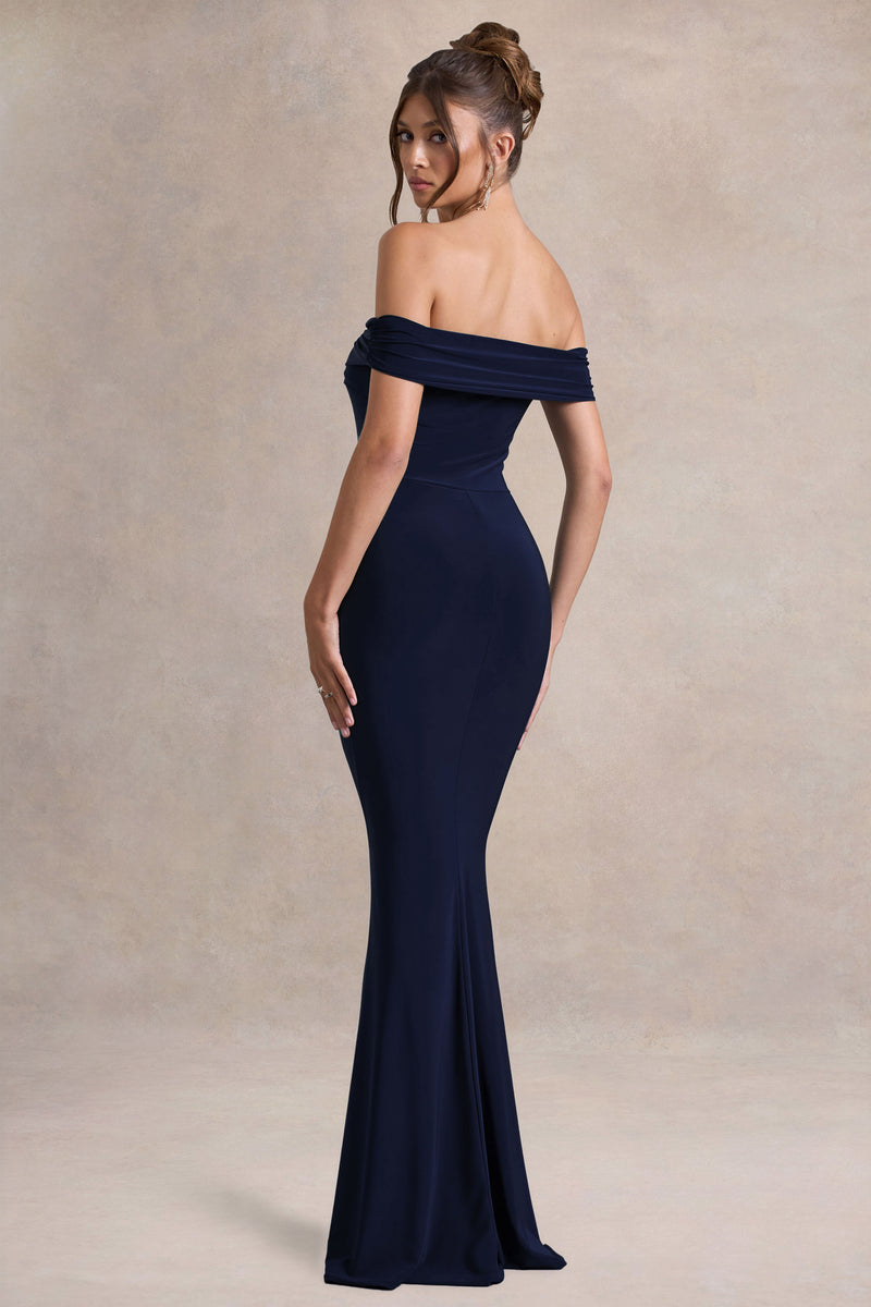 Robe De Bal Marine Style Bardot Avec Traîne Fishtail Et Ceinture Diamantée - Taille 10 - Neuf Avec étiquettes