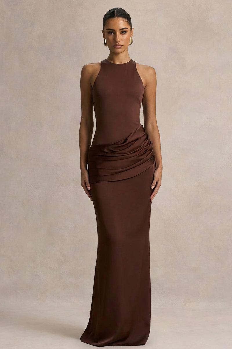 Akari Robe Longue Marron Col Rond Avec Jupe En Satin Club L London FR Akari Robe Longue Marron Col Rond Avec Jupe En Satin Club L London FR