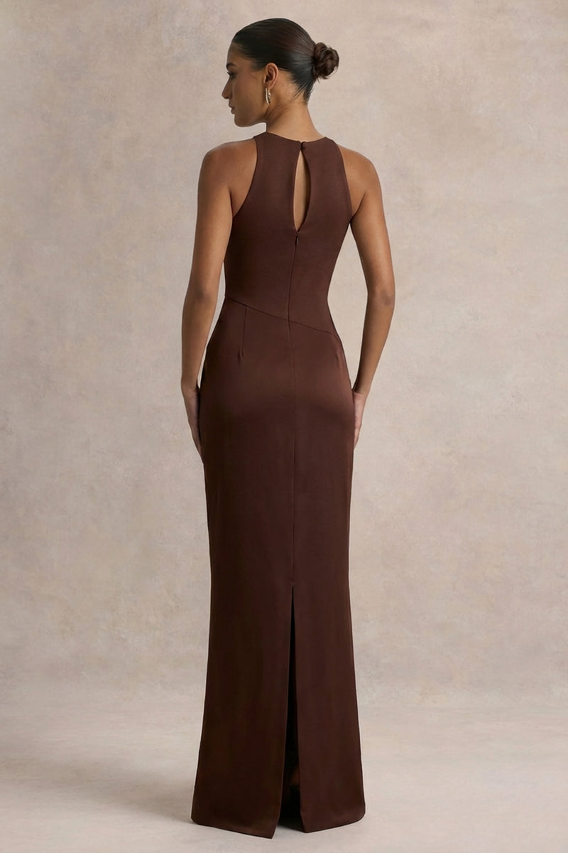 Akari Robe Longue Marron Col Rond Avec Jupe En Satin Club L London FR Akari Robe Longue Marron Col Rond Avec Jupe En Satin Club L London FR