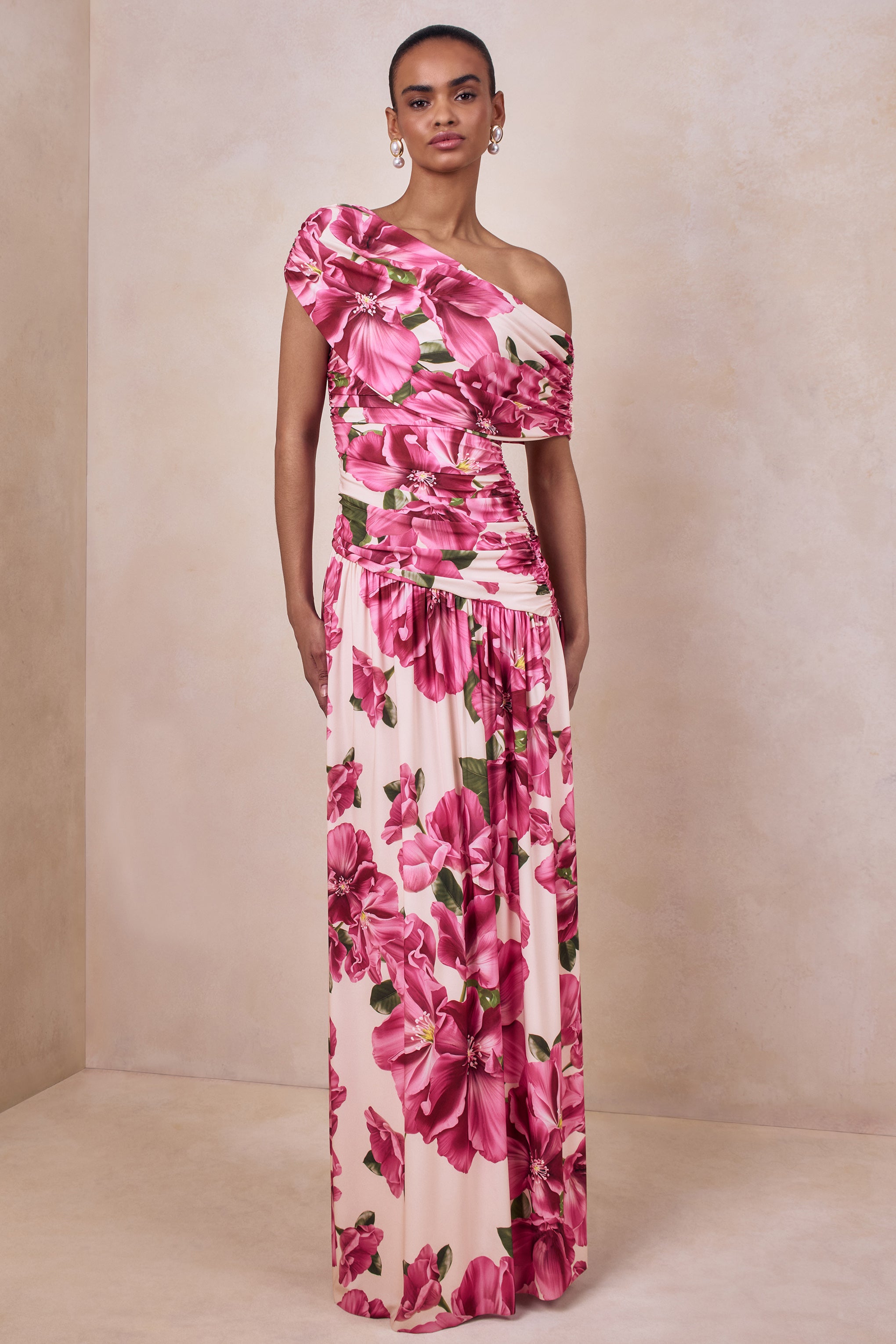 Emberly | Robe longue à imprimé floral hibiscus rose à encolure