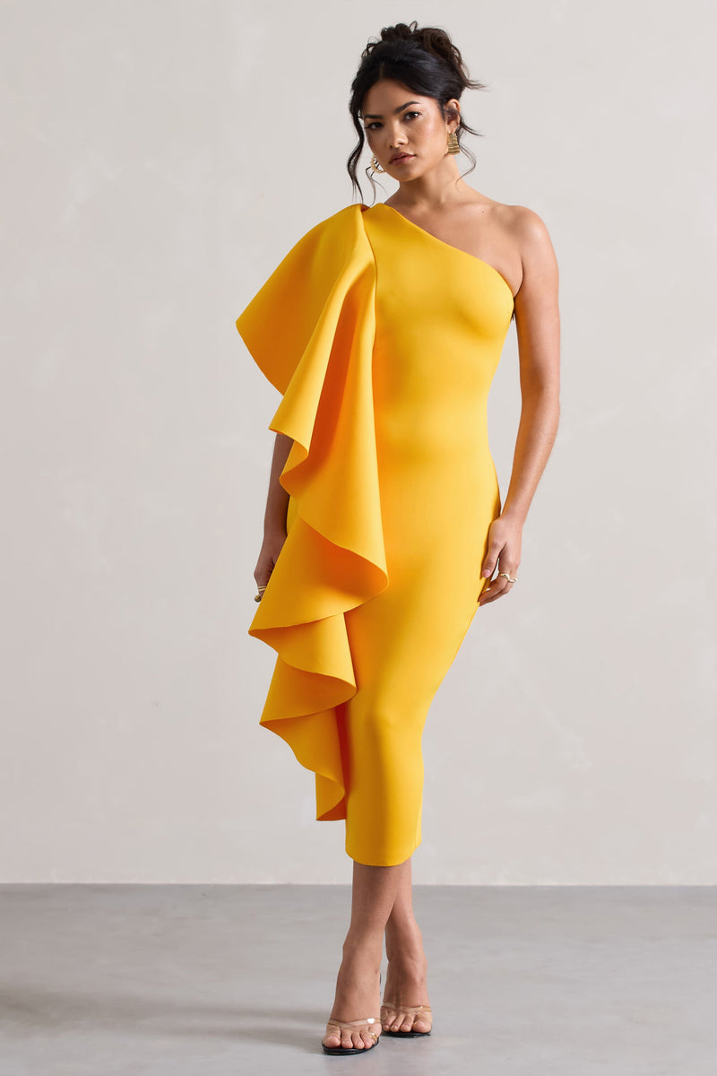 Polo Robe mi-longue moulante asym?�trique mangue avec volants �?? Club L London - FR