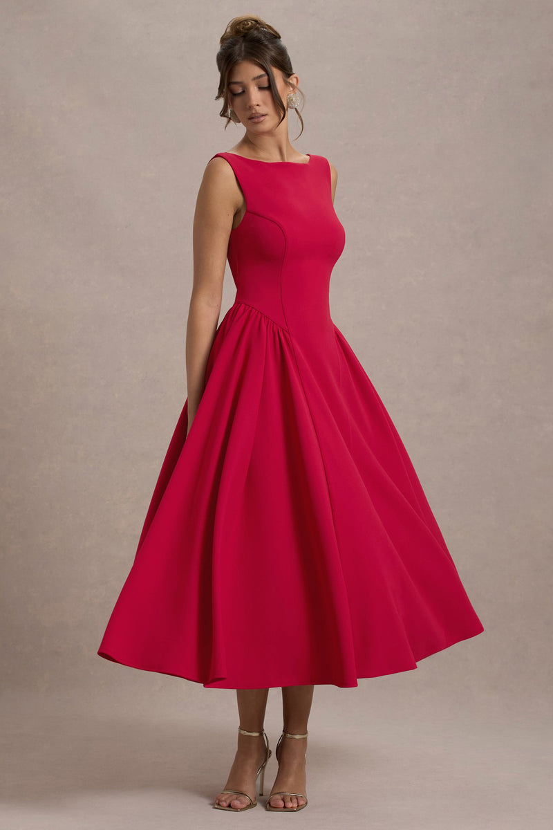 Robe rouge coton patchwork élégante avec ourlet large main image 0