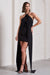 Enigmatic | Mini-robe noire à col haut drapé et fleurit