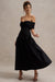 Marguerite | Robe Longue Noire Bardot à Taille Basse et Torsade