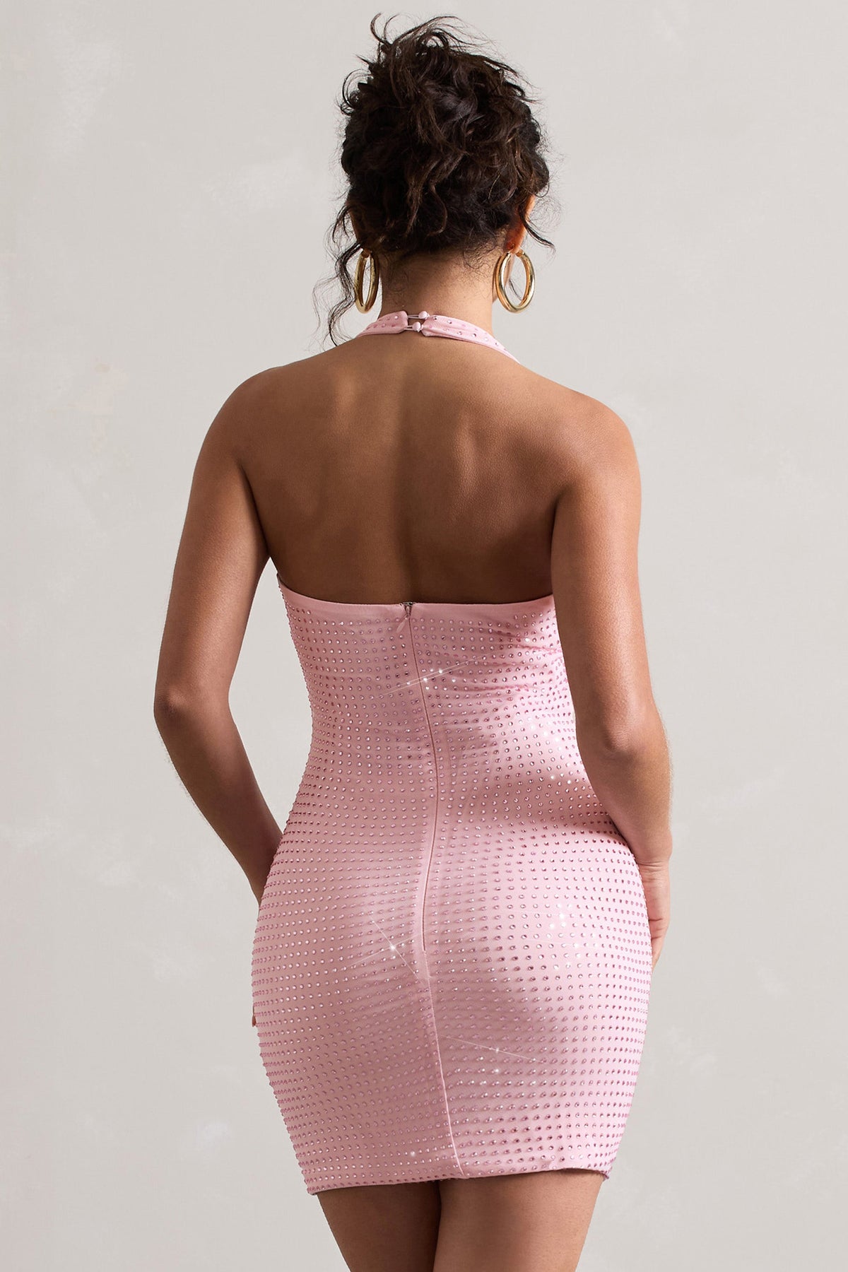 Light Show | Mini-robe rose pale à cristaux et décolleté plongeant