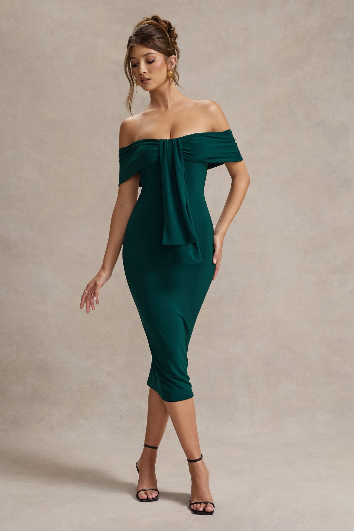 Selbie | Robe mi-longue bardot vert bouteille avec drapé