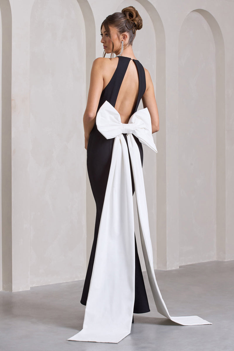 Bestow Robe longue noire à dos nu et noeud blanc surdimmentionné