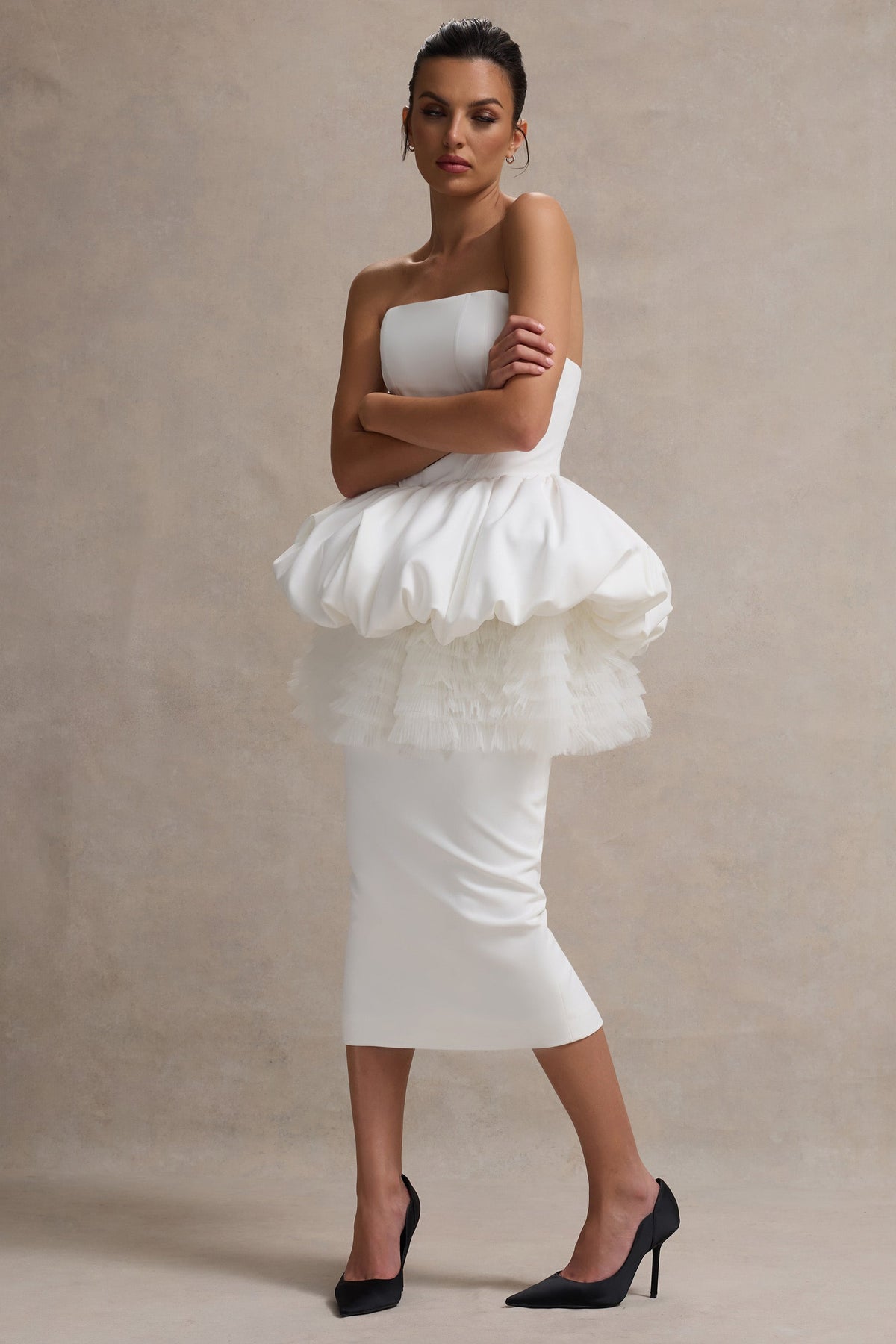 Jones | Robe Midi Blanche Sans Bretelles avec Taille Peplum en Tulle