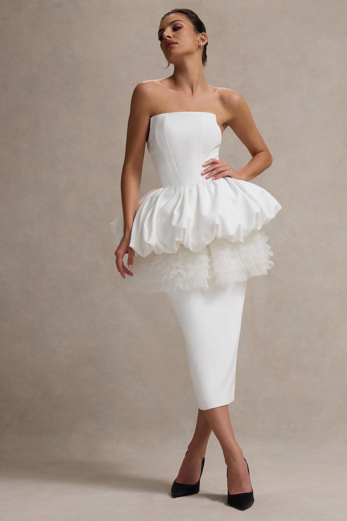 Jones | Robe Midi Blanche Sans Bretelles avec Taille Peplum en Tulle