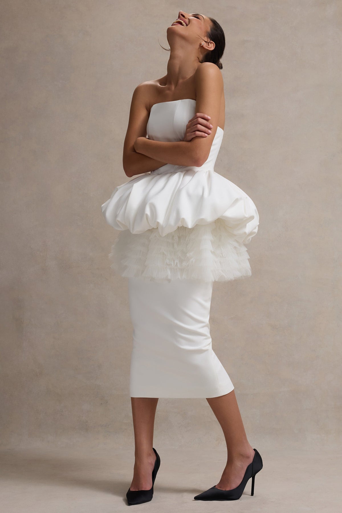 Jones | Robe Midi Blanche Sans Bretelles avec Taille Peplum en Tulle