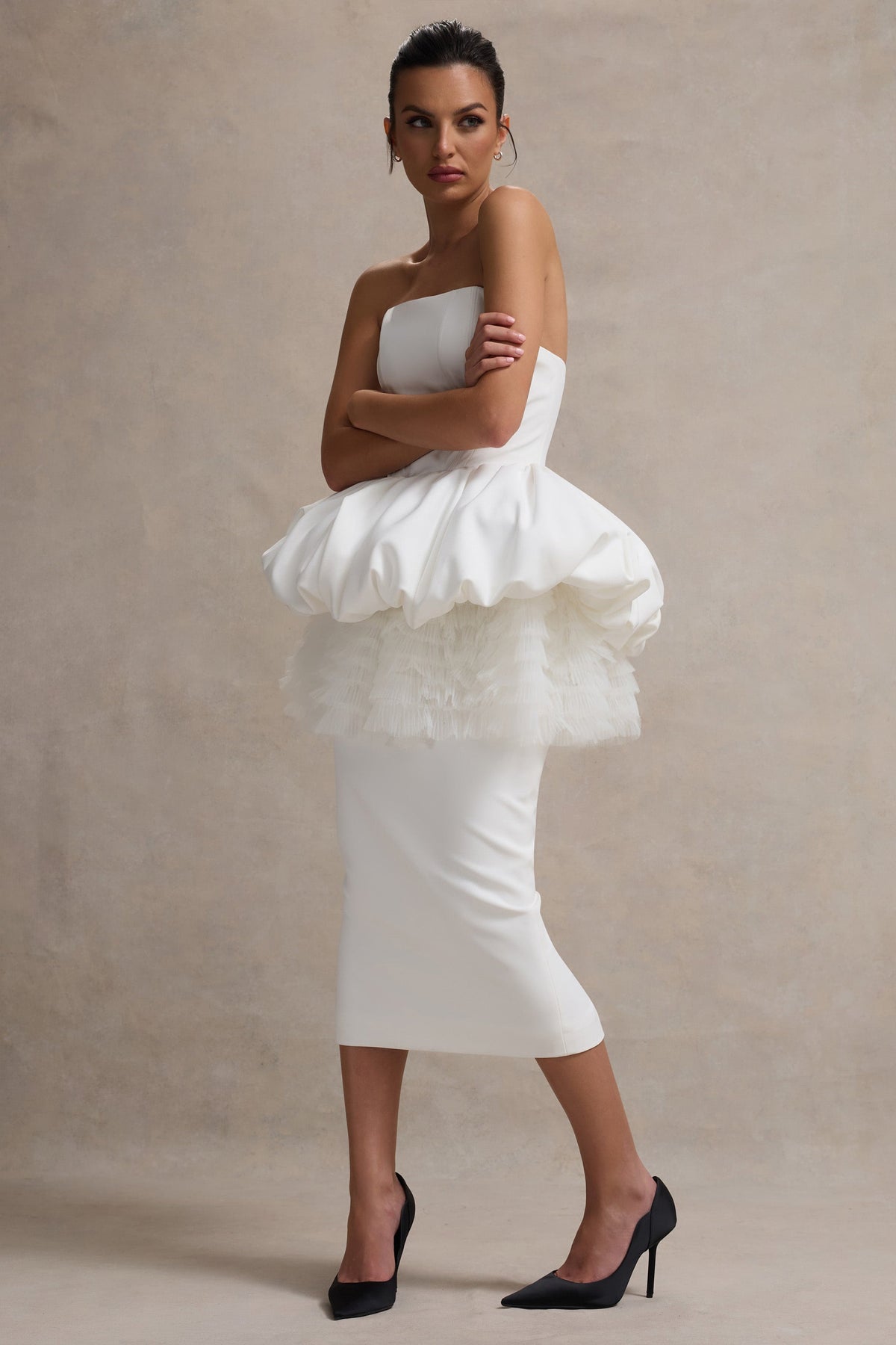 Jones | Robe Midi Blanche Sans Bretelles avec Taille Peplum en Tulle
