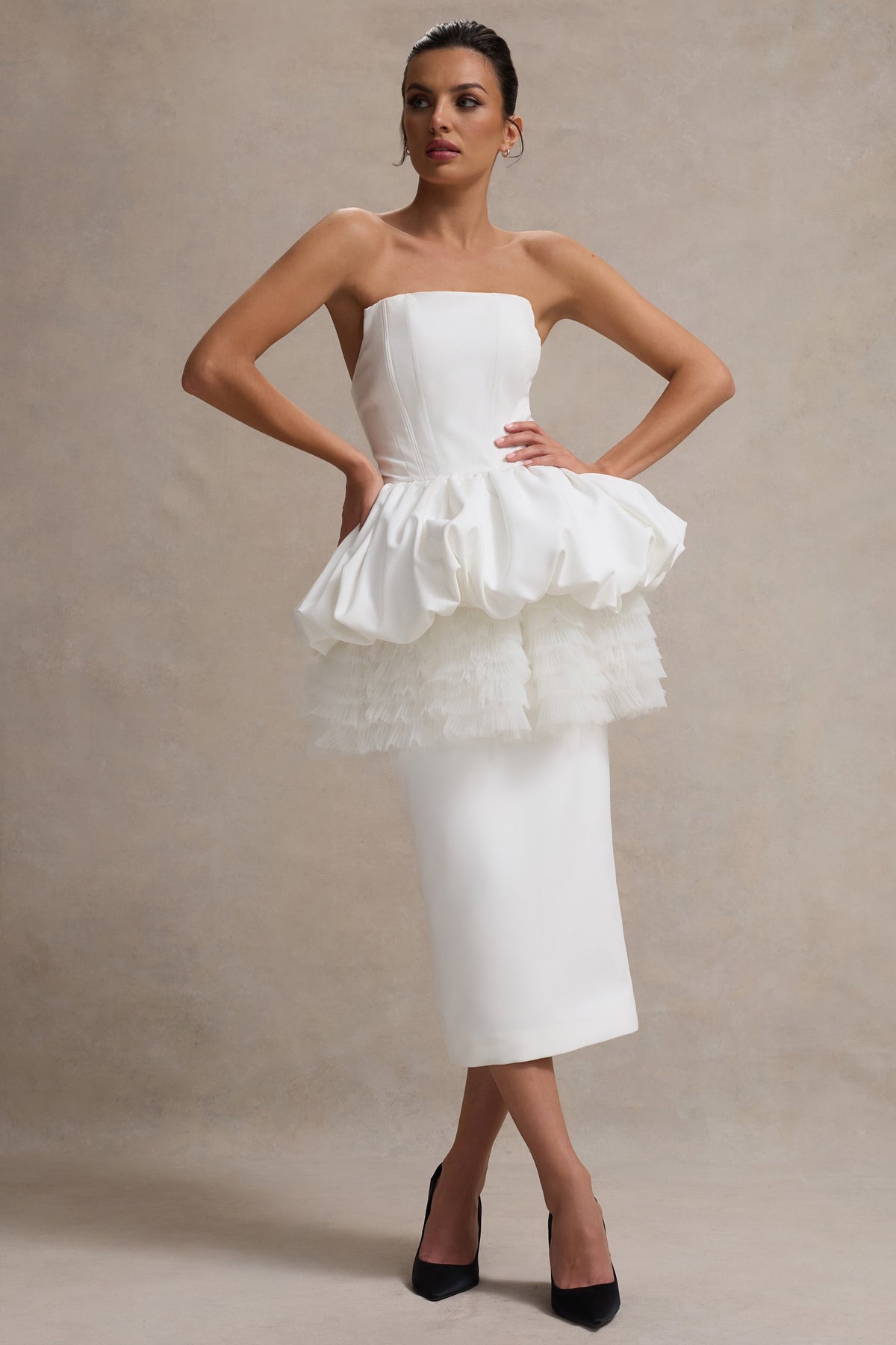 Jones | Robe Midi Blanche Sans Bretelles avec Taille Peplum en Tulle