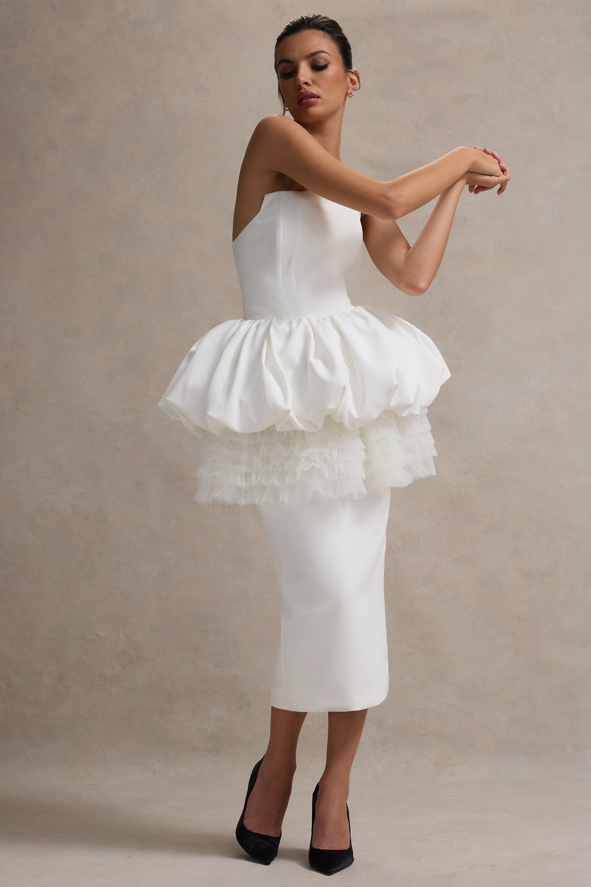 Jones | Robe Midi Blanche Sans Bretelles avec Taille Peplum en Tulle