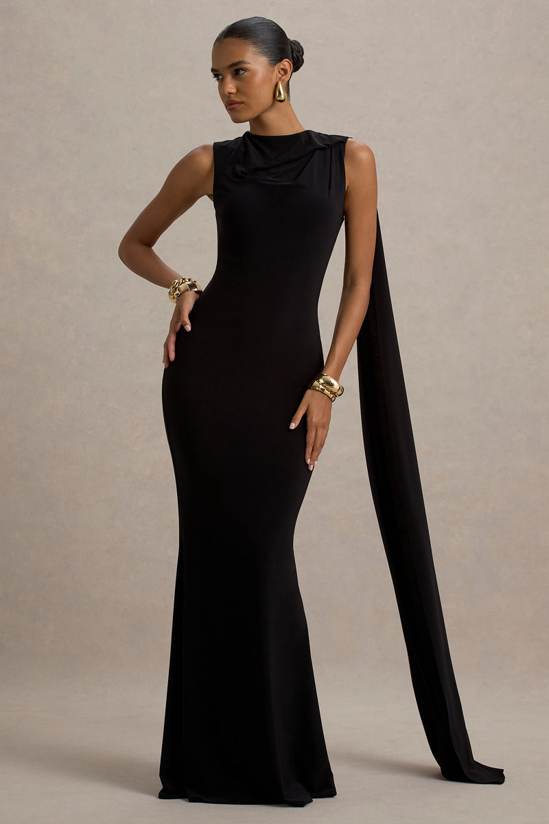 London Robe Noire Club L Robe Lita Black Twisted Asymmetric Maxi Dress   Club L London USA