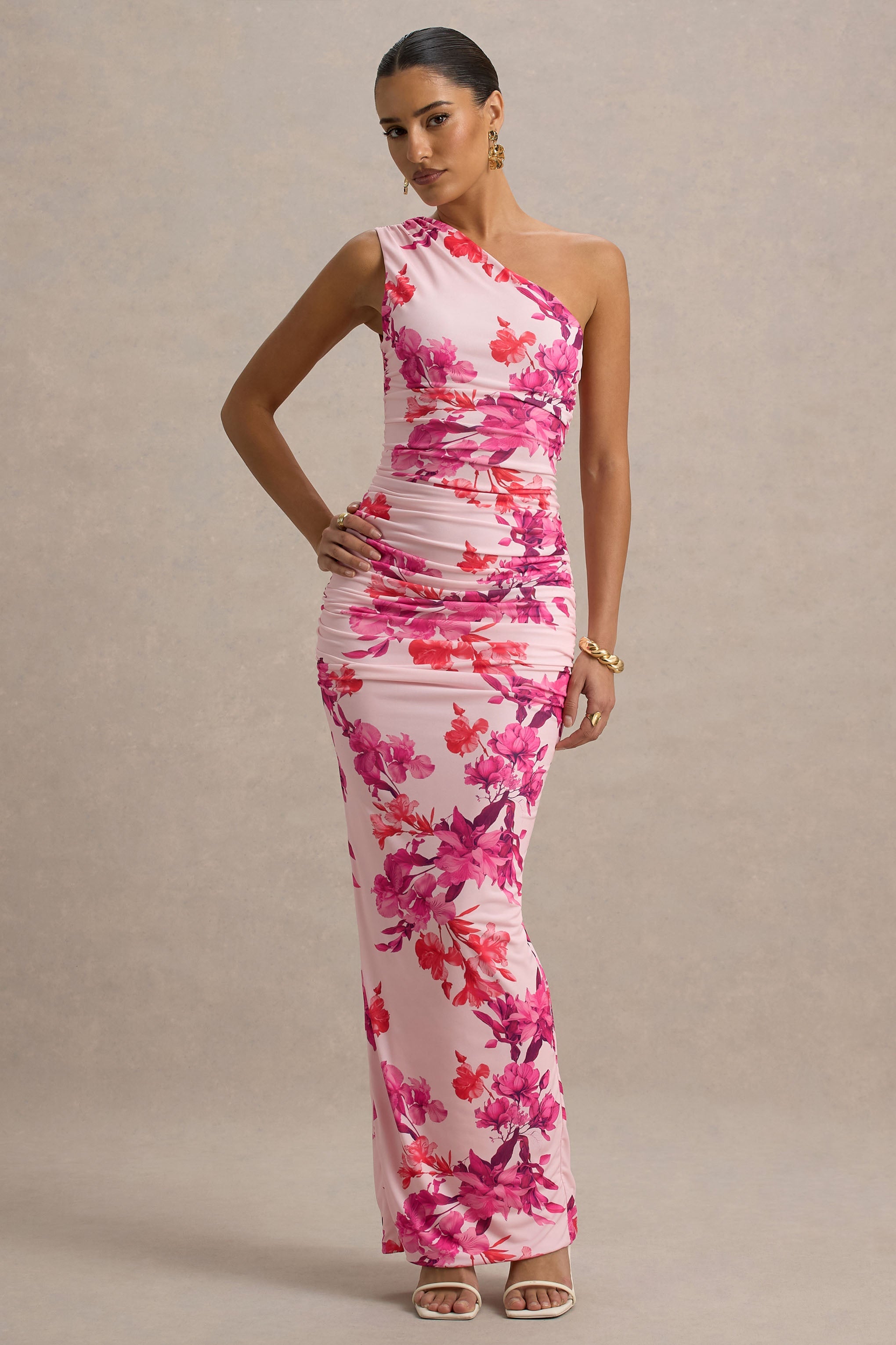 Dalarie | Robe Longue Asymétrique Froncée à Imprimé Floral Rose et