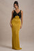 Sahara | Robe longue satinée jaune moutarde et col en V avec finition en dentelle noire