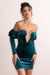 Ivy | Mini-robe en velours sarcelle avec manches bouffantes