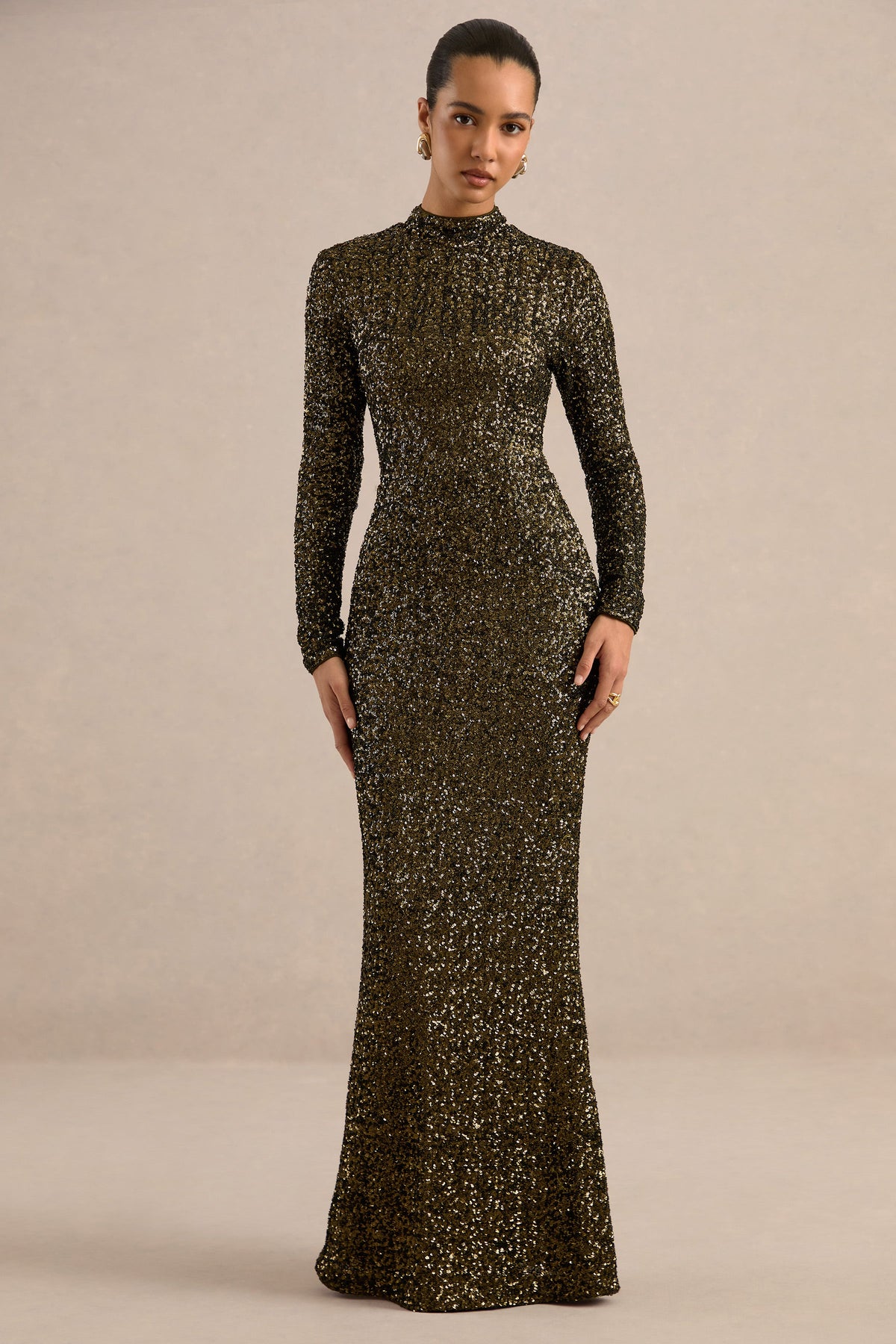 CL13503103106_ECM_HR_CL135031031_Galaxy_Khaki_Sequin_High_Neck_Long_Sleeve_Bodycon_Maxi_Dress_1