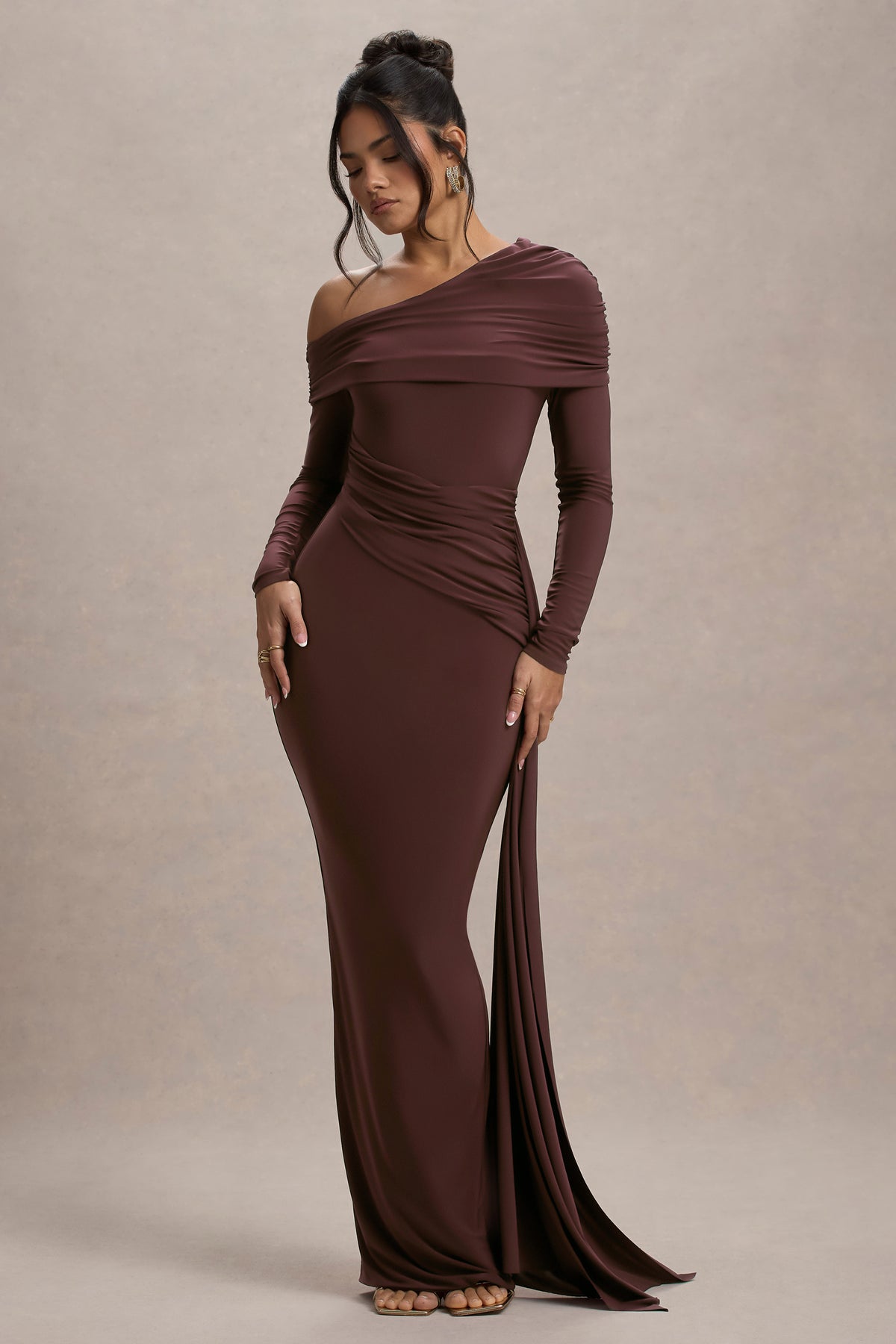 HR_CL135173022_Valina | Brown Ruched Asymmetric Maxi Dress With Drape_03.jpg
