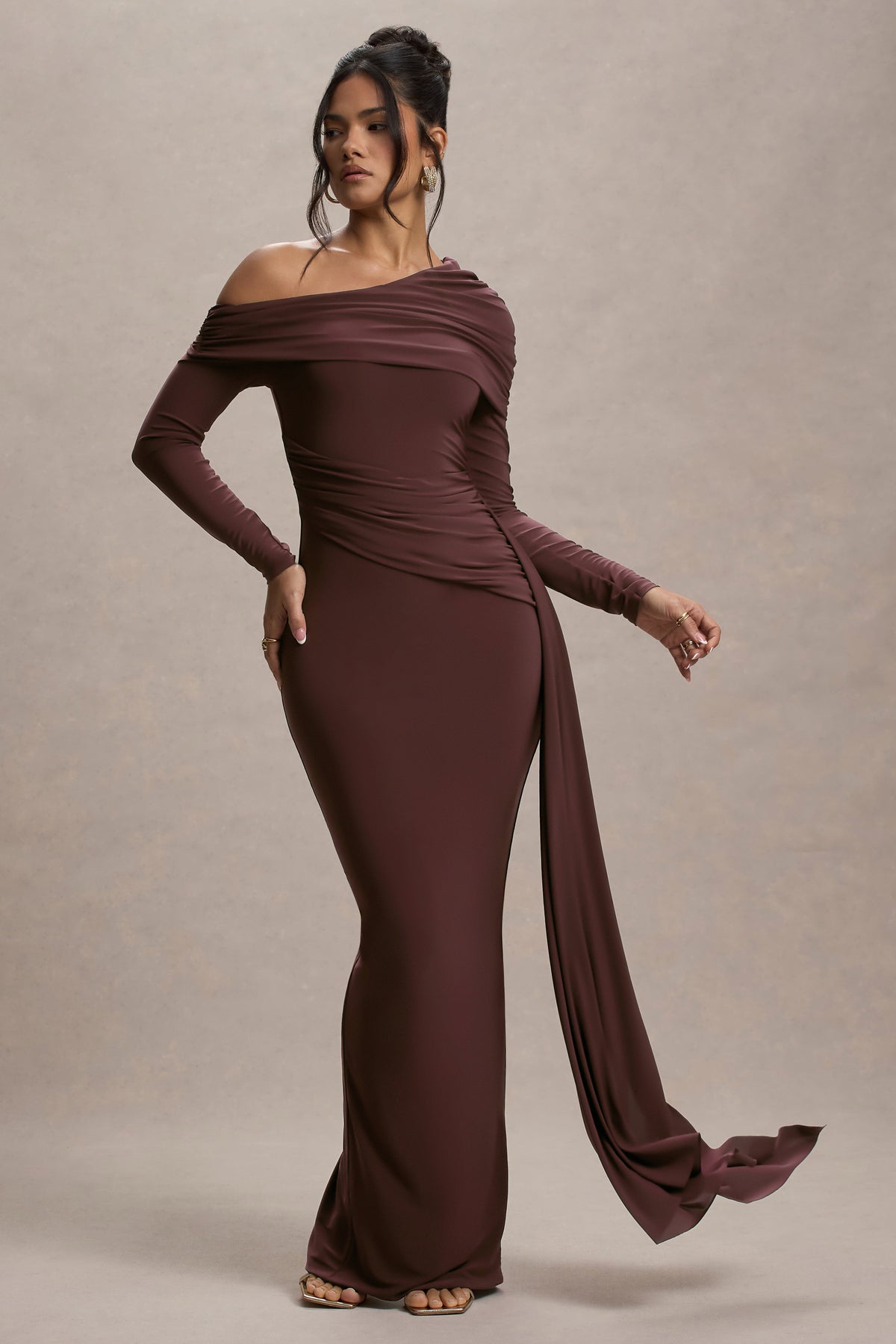 HR_CL135173022_Valina | Brown Ruched Asymmetric Maxi Dress With Drape_04.jpg