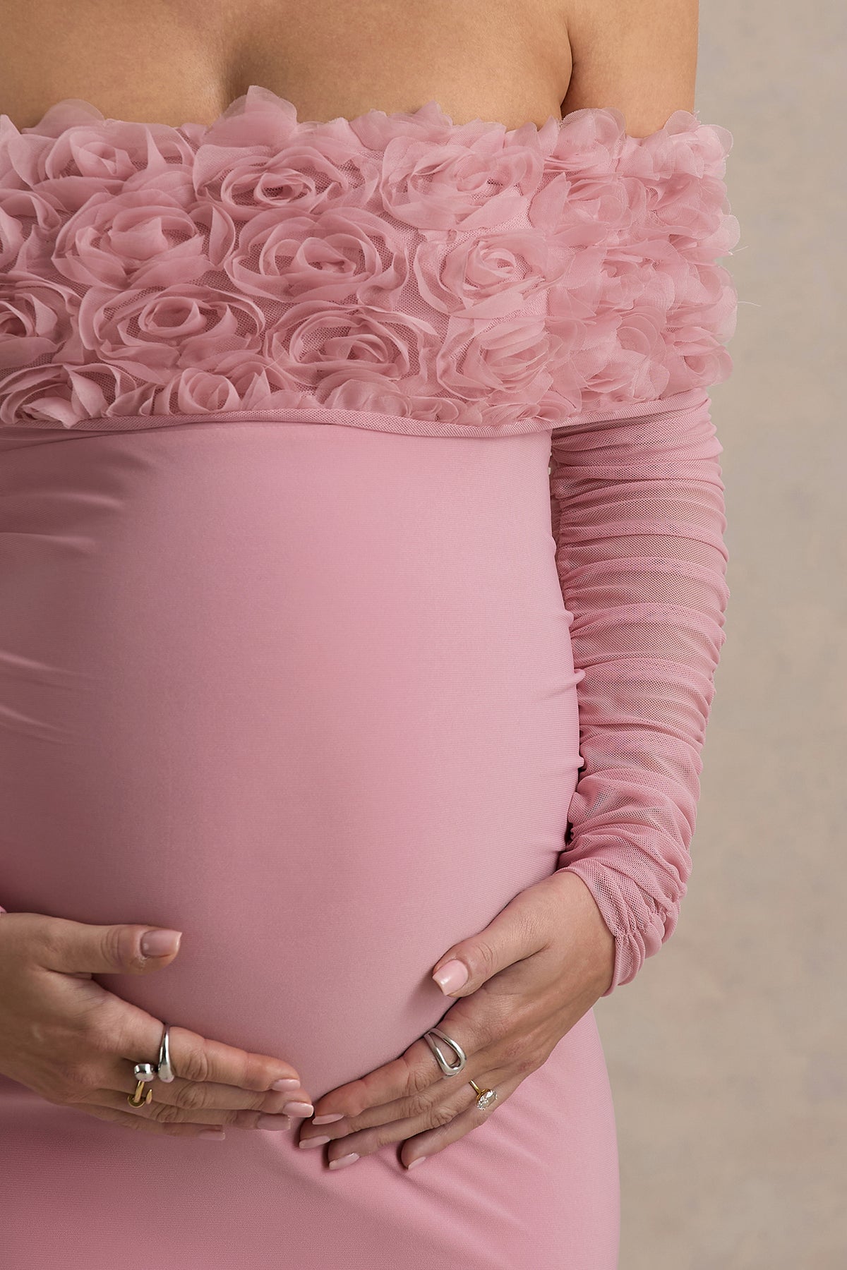 HR_CL135562081 - Adita - Blush Pink Mesh Floral Bardot Maternity Midi Dress 03.jpg