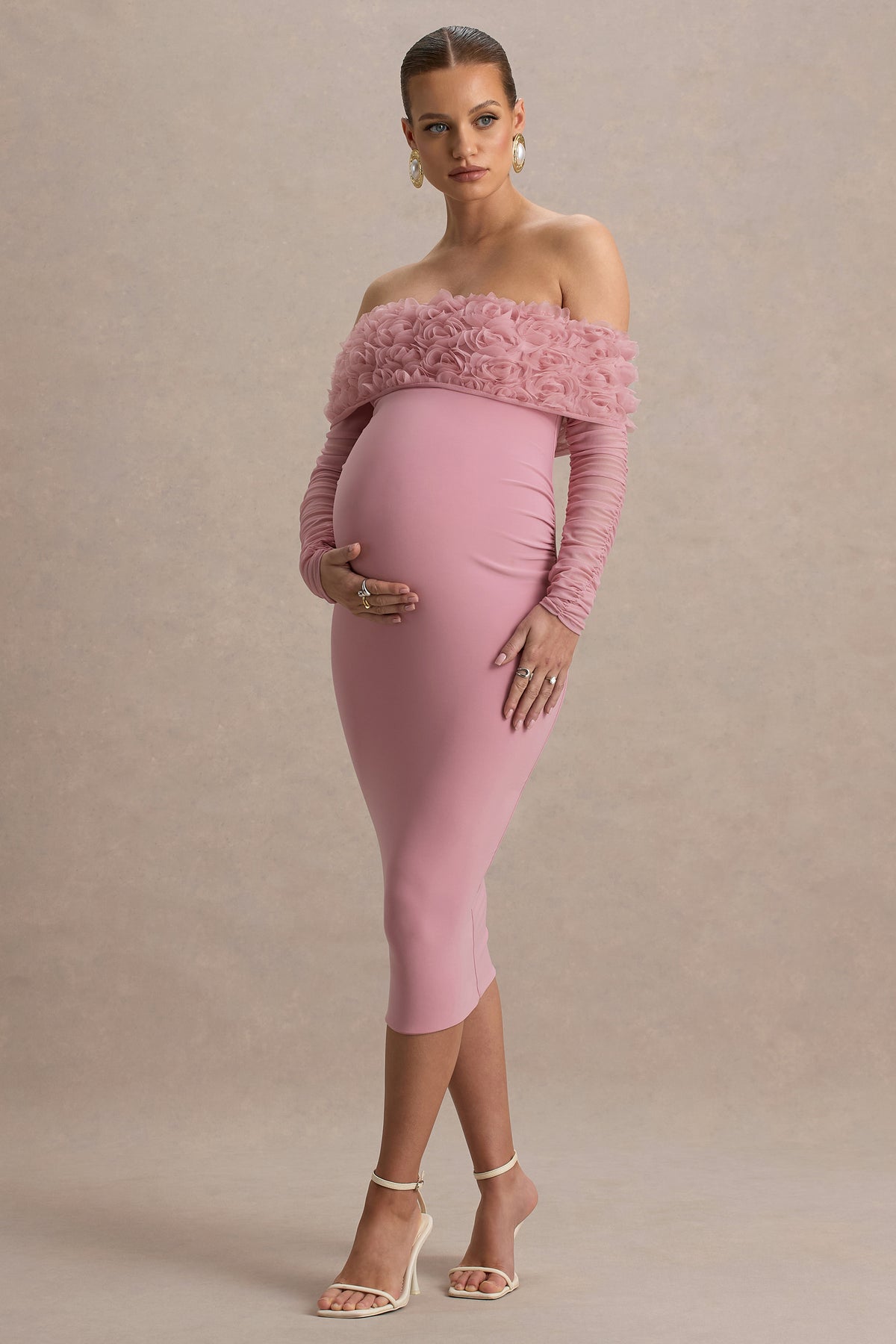 HR_CL135562081 - Adita - Blush Pink Mesh Floral Bardot Maternity Midi Dress 09.jpg