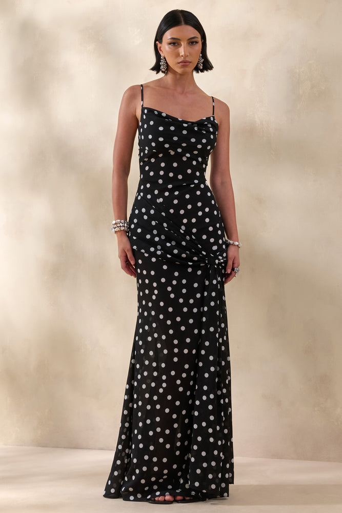 Virtue | Robe longue noire et blanche à pois décolleté drapé et jupe sirène avec fente