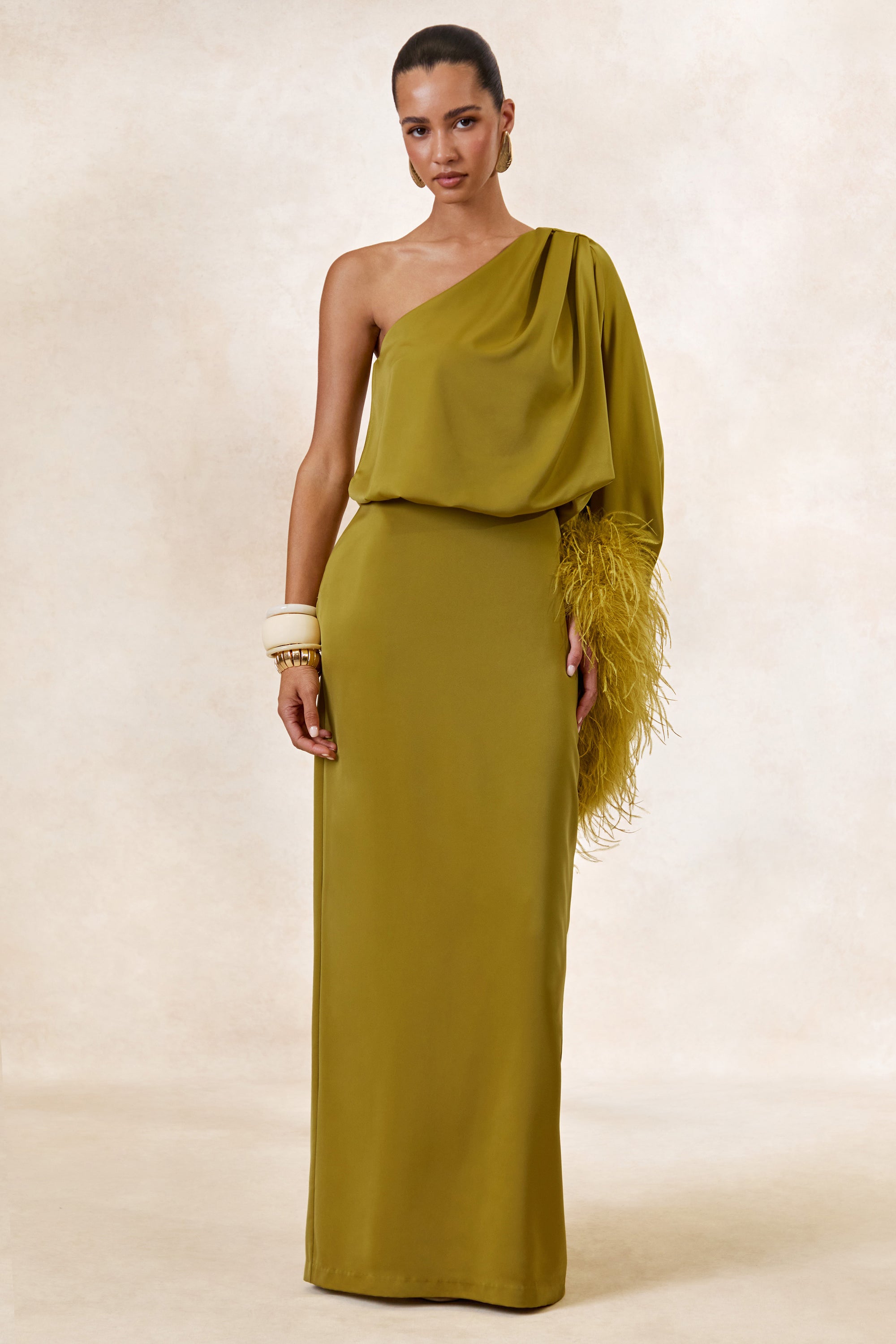 CL136380031 - Felicity _ Olive Satin Asymmetric-Neck Maxi Dress With Feather Detailing2.jpg