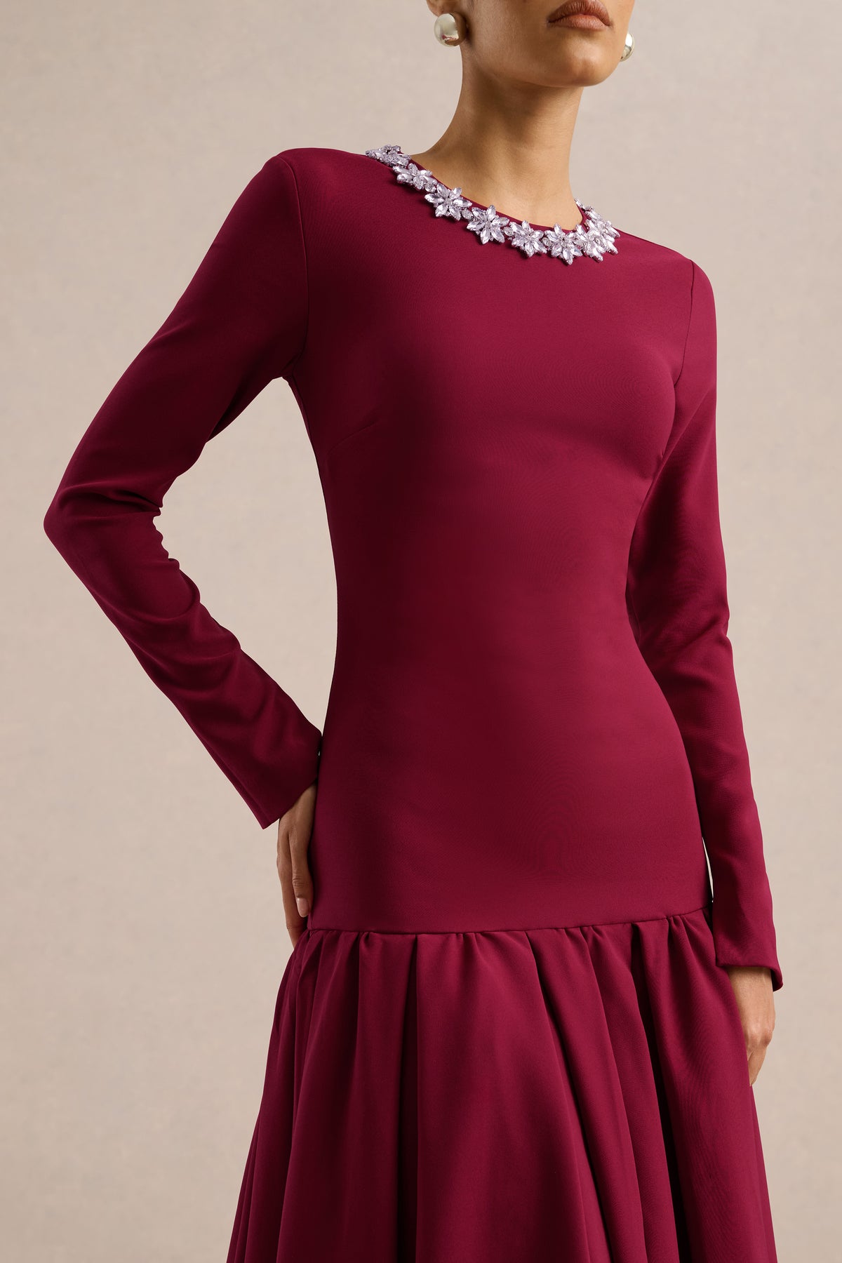 ECM_HR_CL137003069 - Jovana _ Burgundy Hand-Embellished Crew-Neck Midi Dress With Drop Waist3.jpg