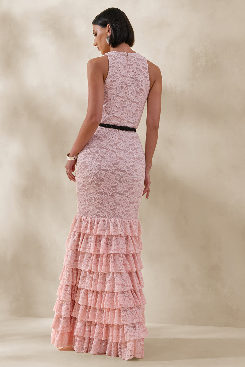 Isoria | Robe longue noire et blanche en dentelle à encolure halter av ...