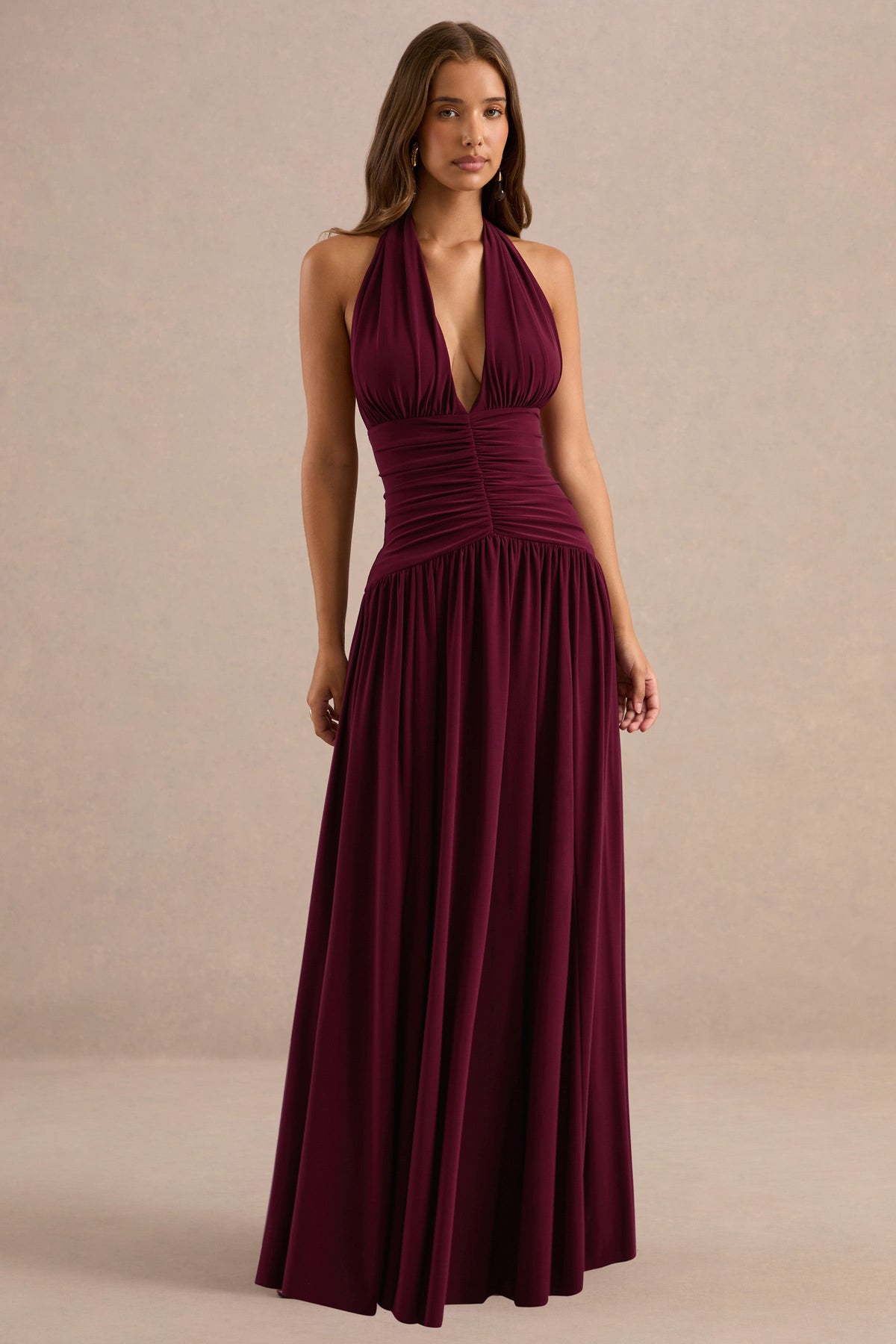 CL13728010206_ECM_HR_CL137280102_-_Bettina_Burgundy_Plunge-Neck_Maxi_Dress_With_Gathered-Detailing1