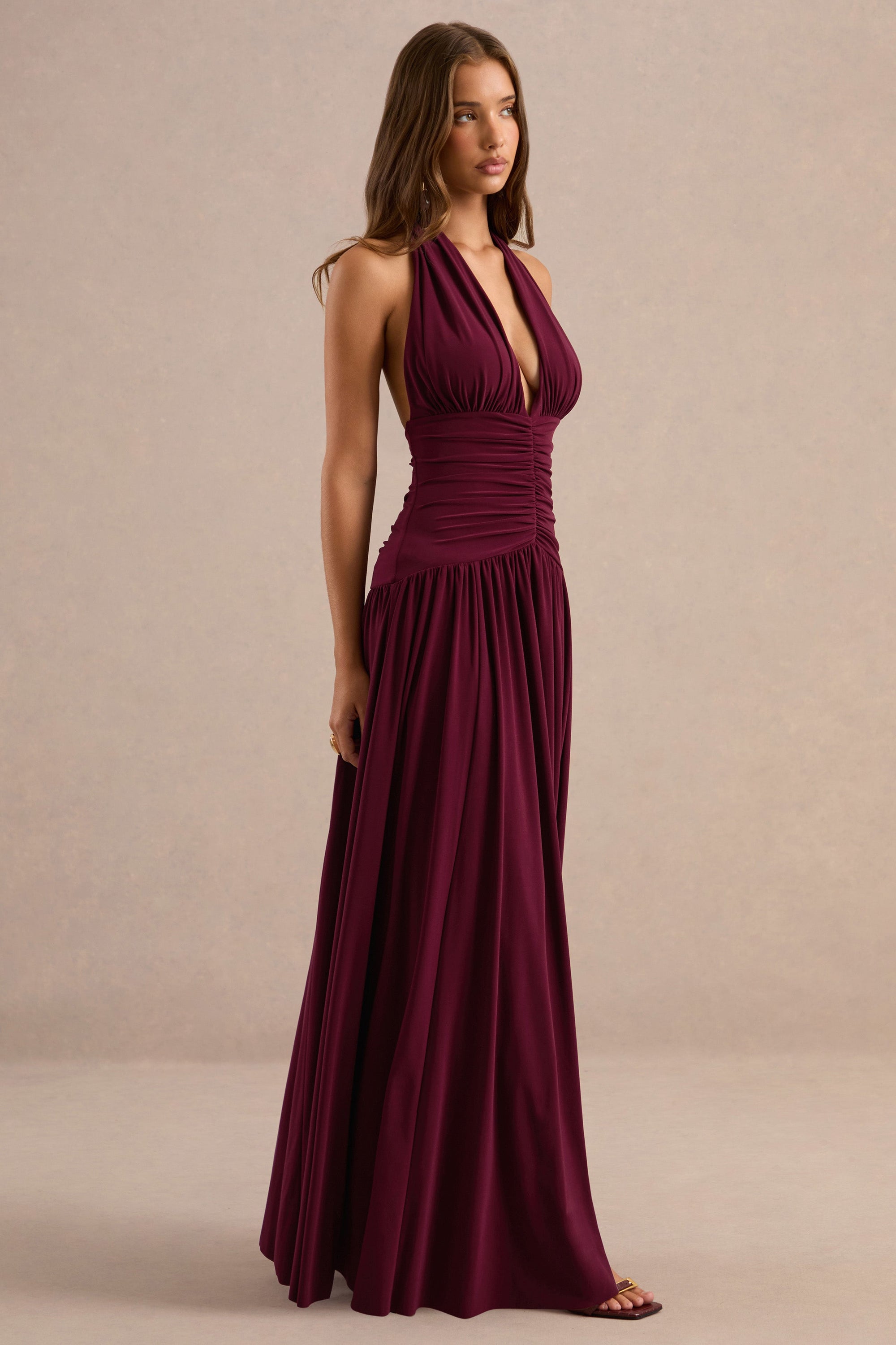 CL13728010206_ECM_HR_CL137280102_-_Bettina_Burgundy_Plunge-Neck_Maxi_Dress_With_Gathered-Detailing2