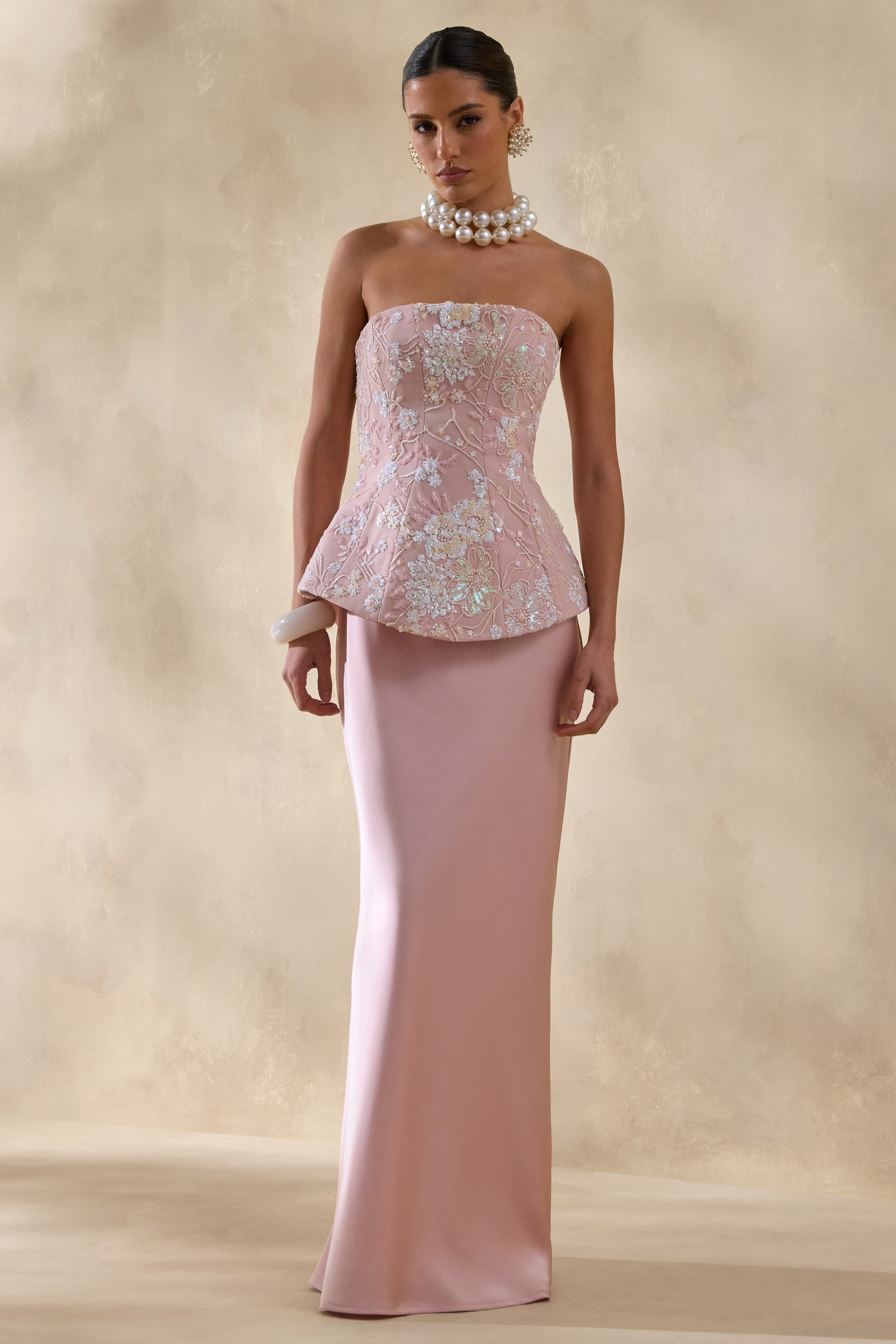 スーツ・フォーマル・ドレス ROBE de FLEURS Corvina | Robe longue rose à fleurs ornées avec corset bandeau