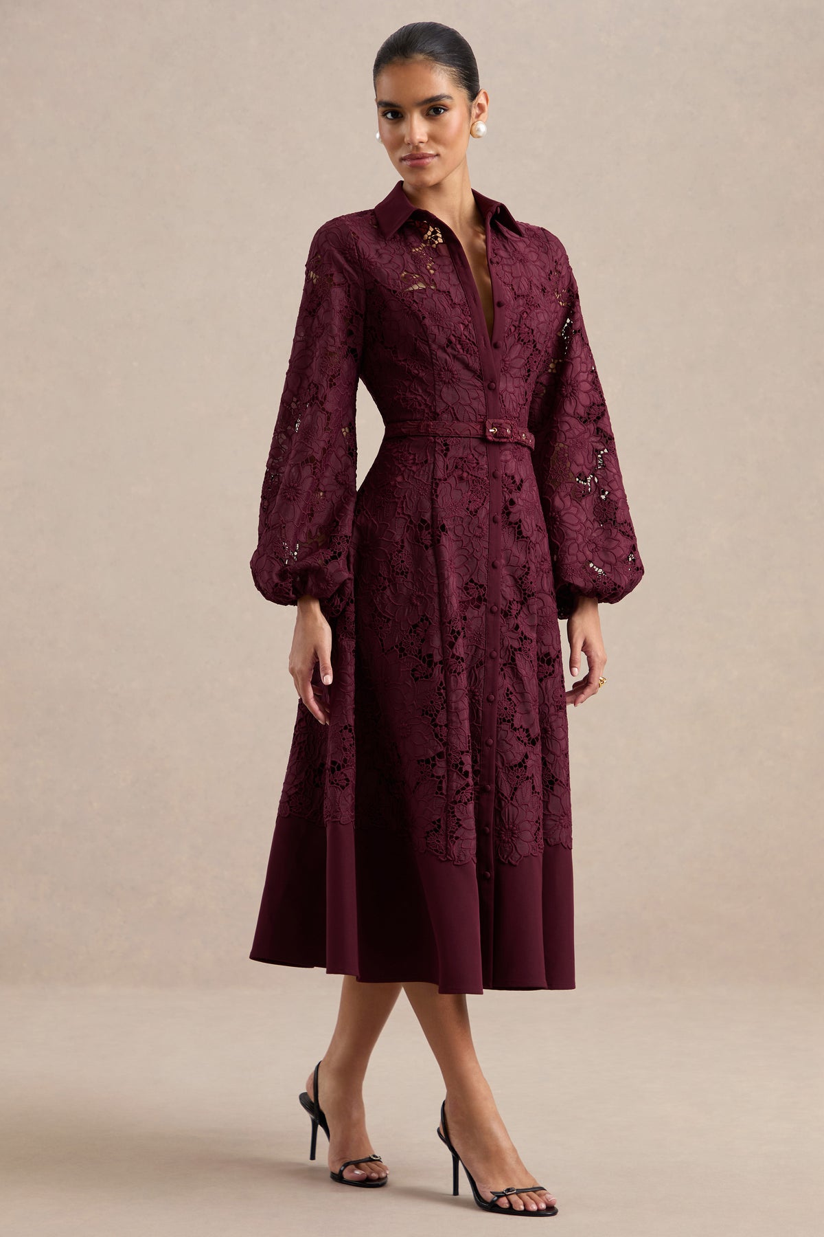 ECM_HR_CL137351102 - Jules _ Burgundy Broderie V Neck Long Sleeve A-Line Midi Dress With Belt Detail1.jpg