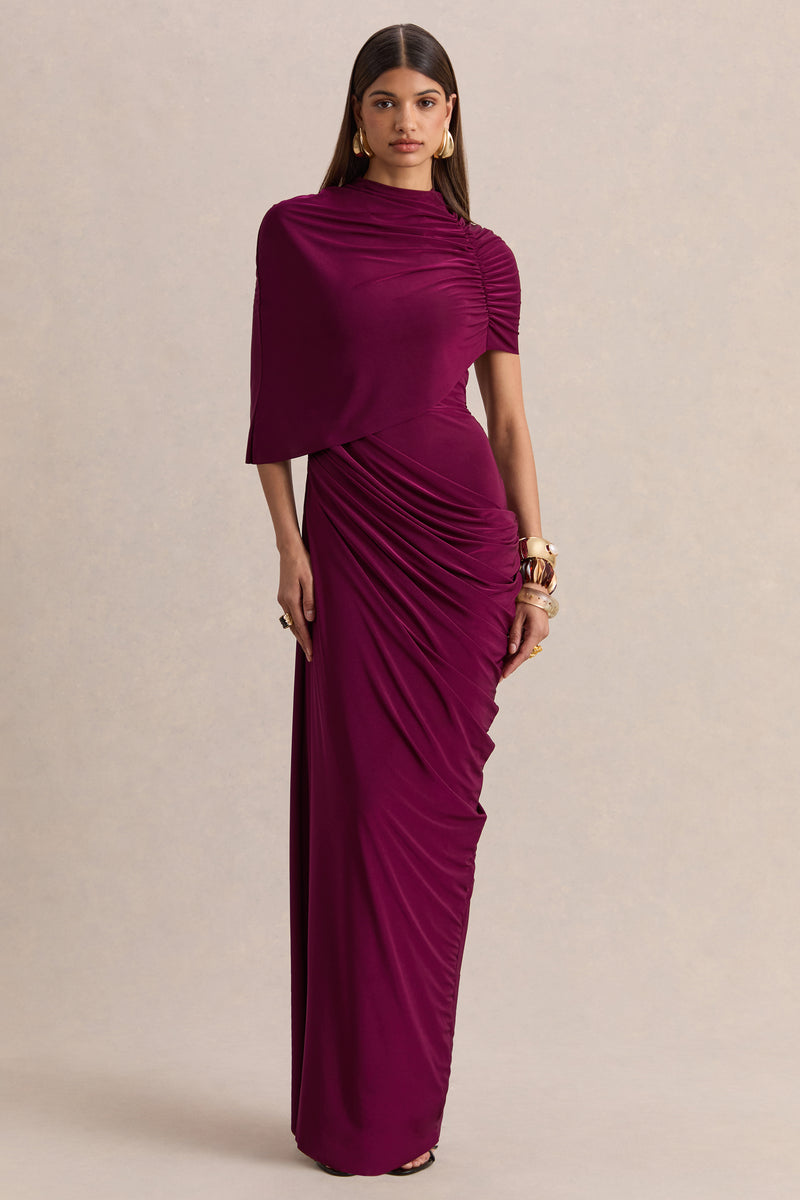 Lunaline | Robe longue bordeaux à encolure haute avec cape asymétrique et détails drapés