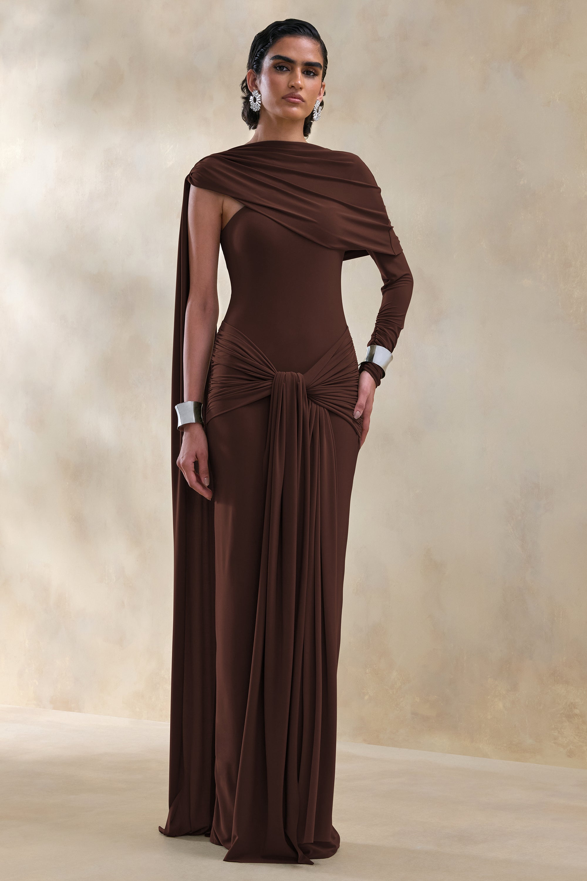 ECM_HR_CL137653022 - Trisara | Brown Asymmetric-Neck Maxi Dress With Gathered-Detailing And Sash 0.jpg