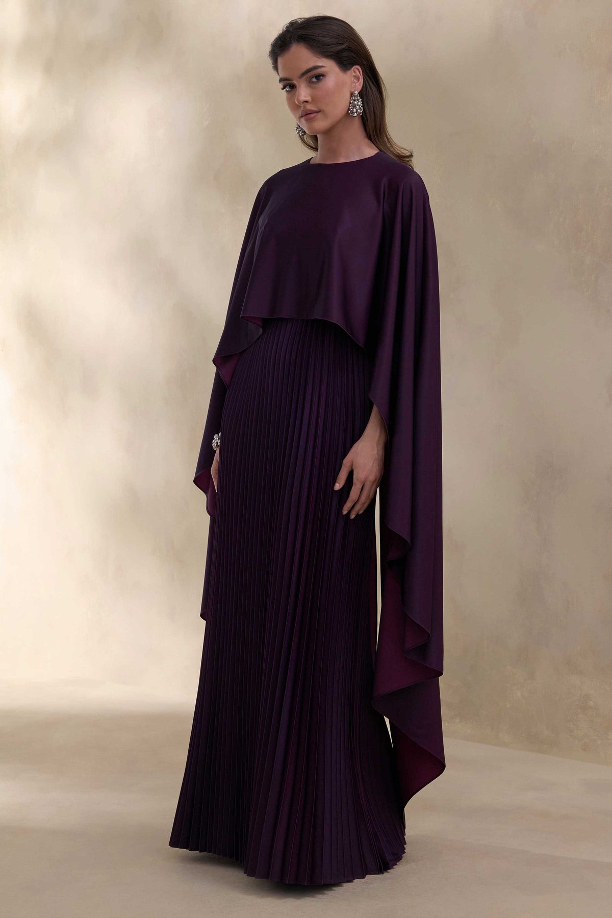 ECM_HR_CL137664090 - Loradia | Dark Plum Satin Round-Neck Maxi Dress With Cape-Sleeves And Pleated-Skirt 3.jpg
