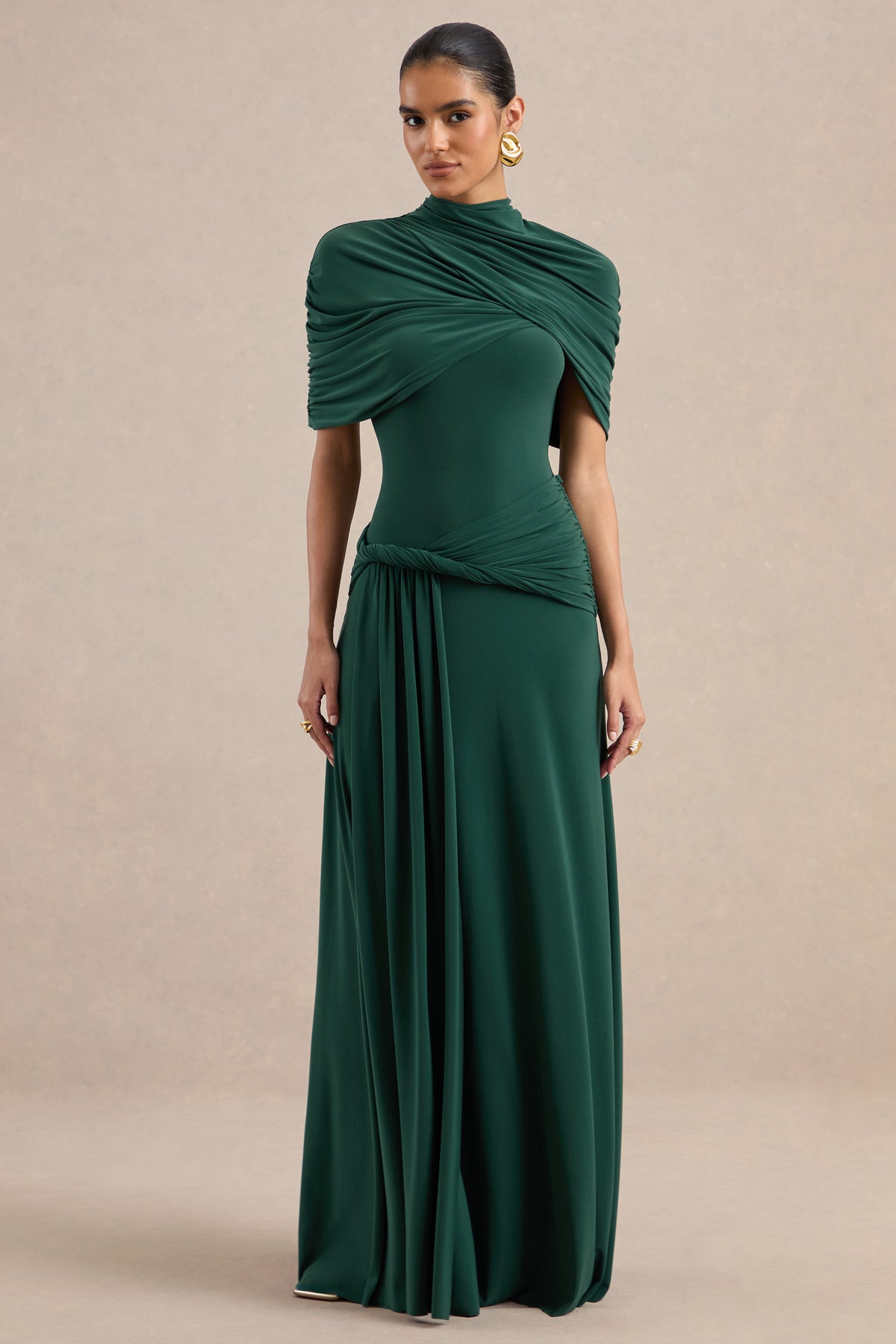 ECM_HR_CL137692038 - Evelisse _ Dark Green Jersey Ruched High Neck Short Sleeve Maxi Dress With Draped Detailing And Twist Sash1.jpg