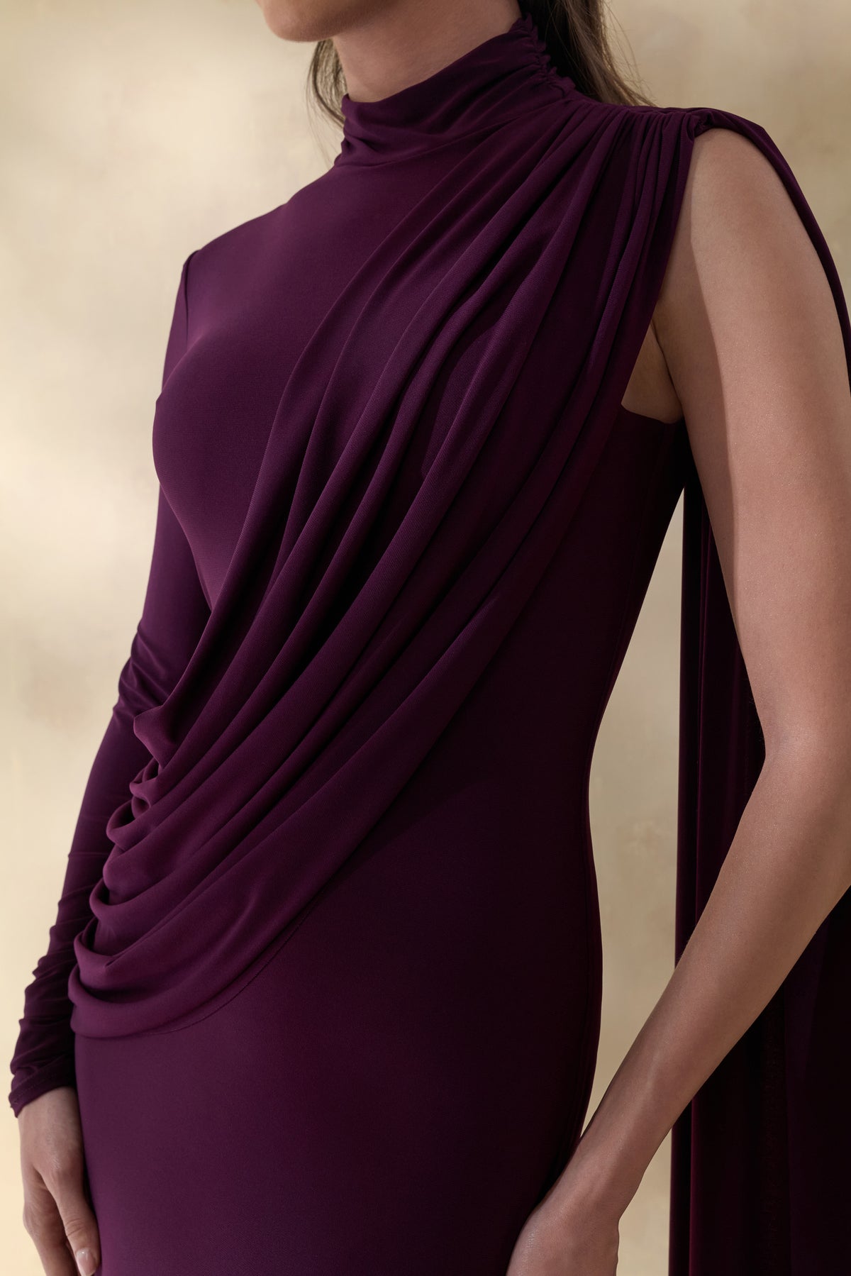 ECM_HR_CL137695090 - Oliria | Dark Plum High-Neck Maxi Dress With One-Long Sleeve And Sash-Detail 0.jpg