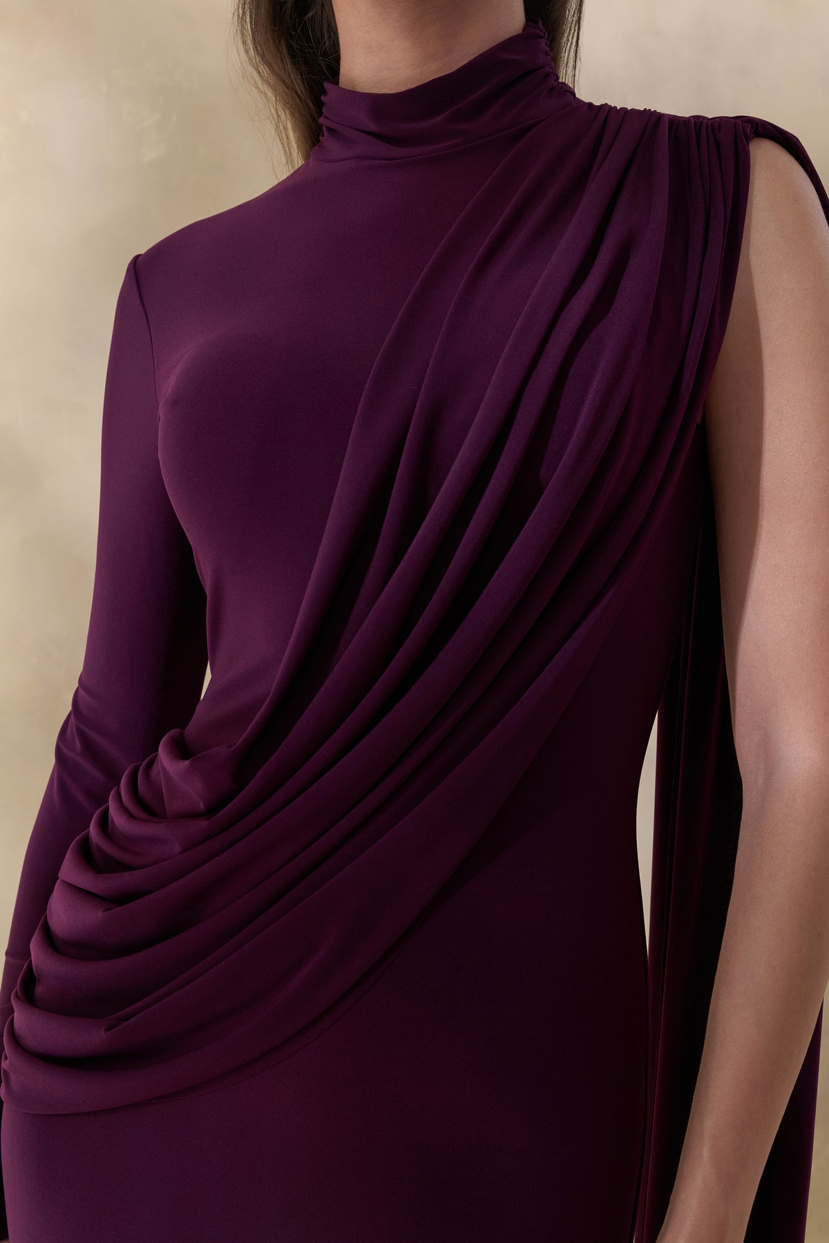 ECM_HR_CL137695090 - Oliria | Dark Plum High-Neck Maxi Dress With One-Long Sleeve And Sash-Detail 1.jpg