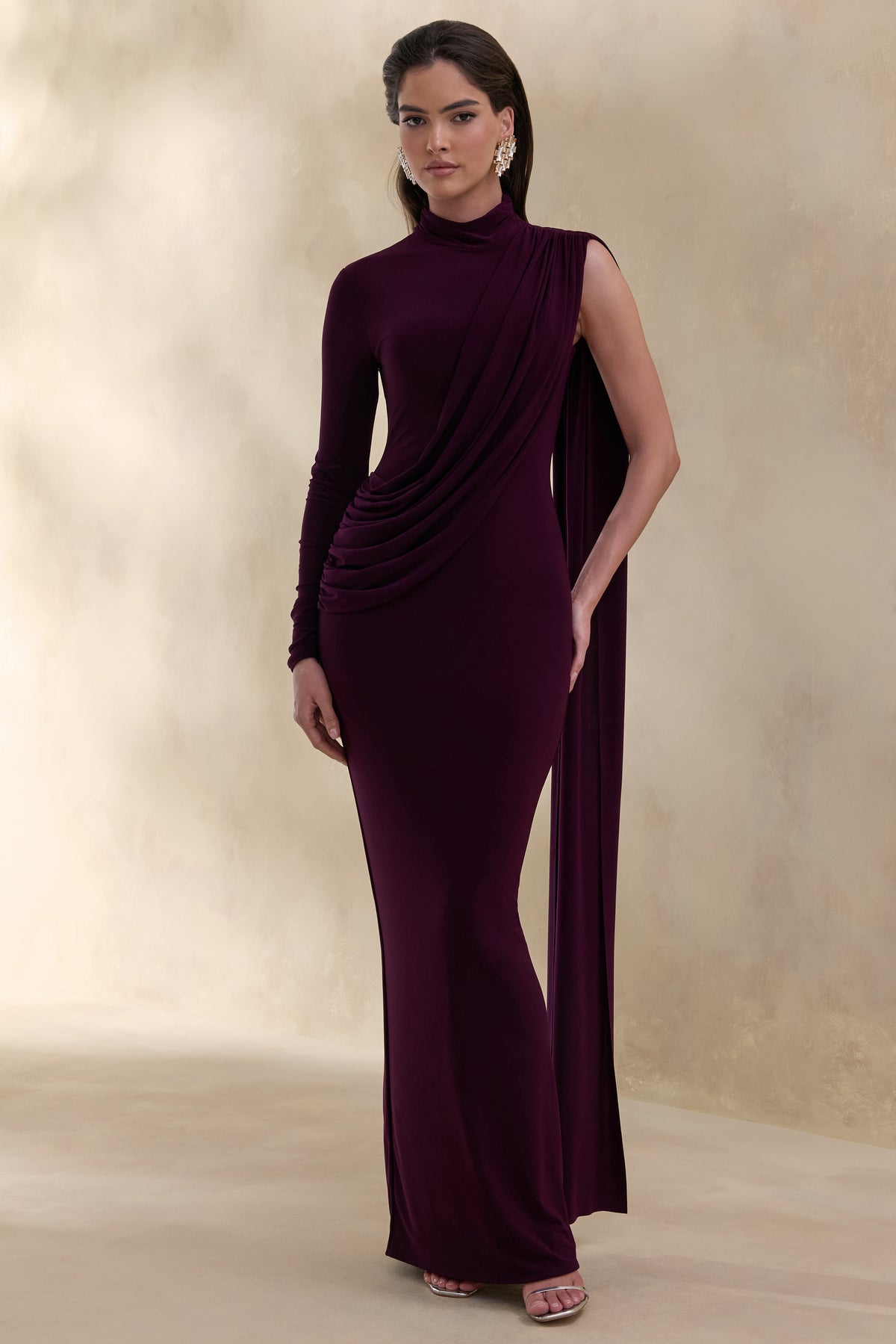 ECM_HR_CL137695090 - Oliria | Dark Plum High-Neck Maxi Dress With One-Long Sleeve And Sash-Detail 2.jpg