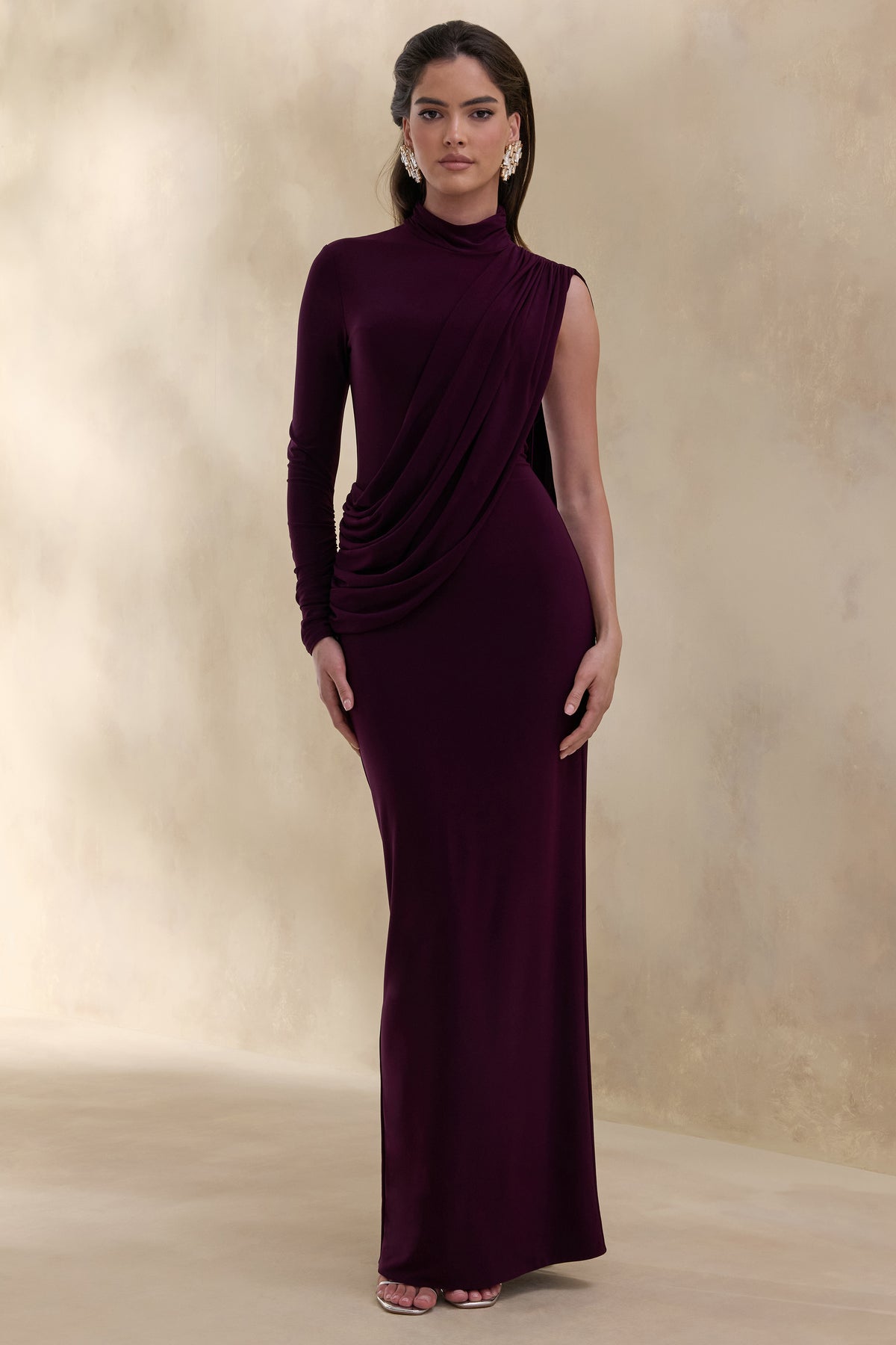 ECM_HR_CL137695090 - Oliria | Dark Plum High-Neck Maxi Dress With One-Long Sleeve And Sash-Detail 3.jpg