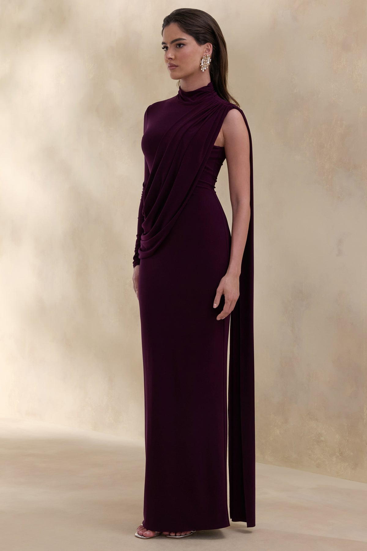ECM_HR_CL137695090 - Oliria | Dark Plum High-Neck Maxi Dress With One-Long Sleeve And Sash-Detail 4.jpg
