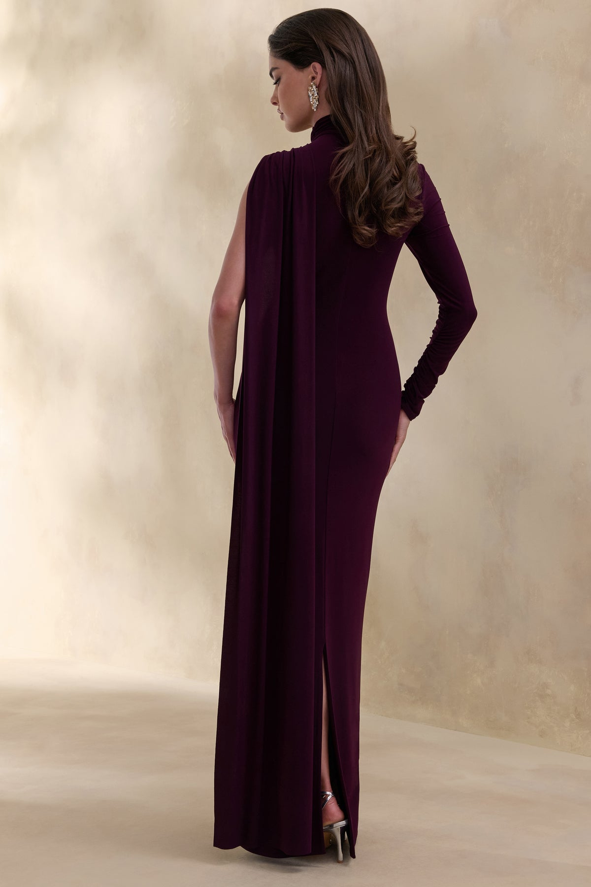 ECM_HR_CL137695090 - Oliria | Dark Plum High-Neck Maxi Dress With One-Long Sleeve And Sash-Detail 5.jpg