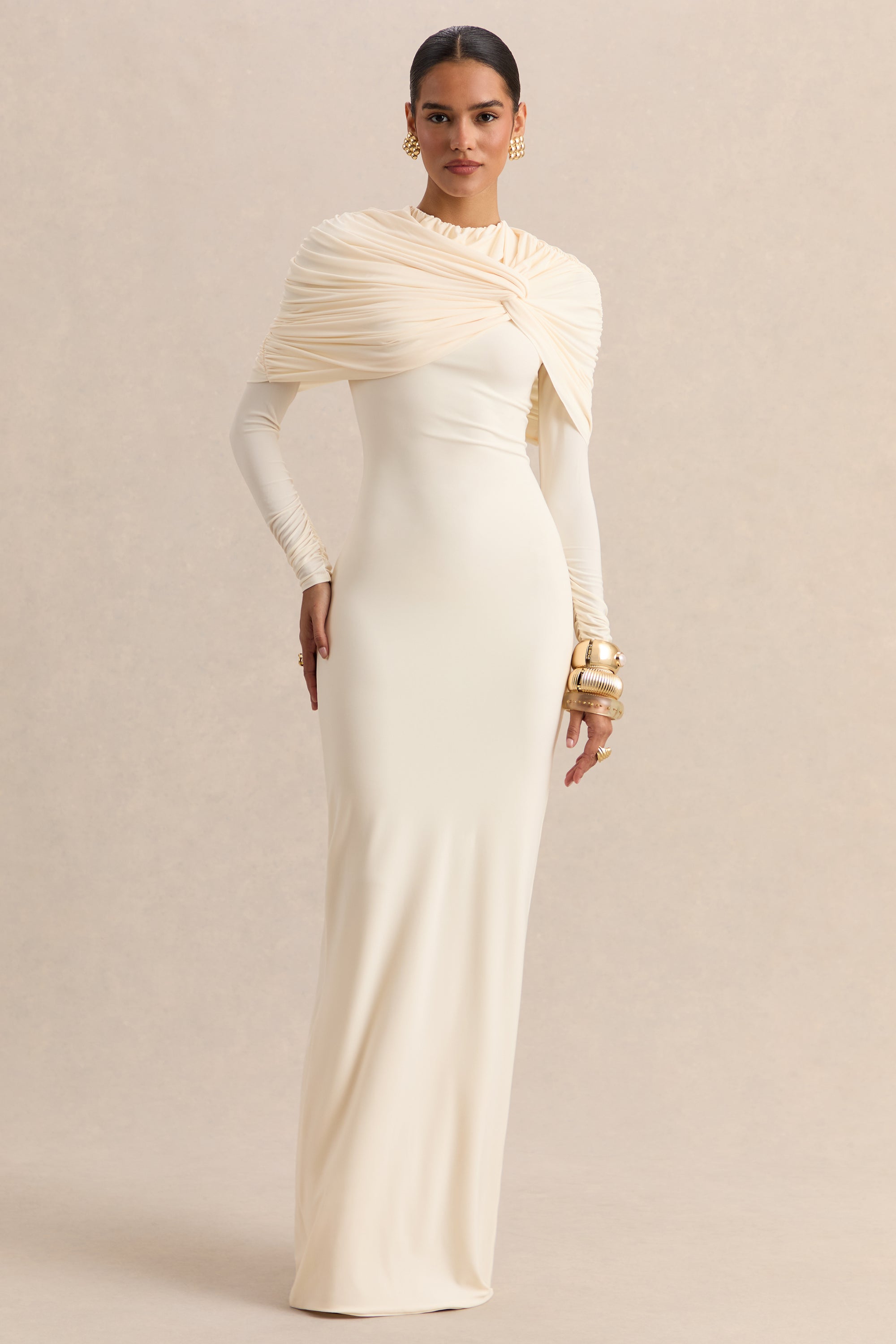 ECMH-HR-CL137698111 - Evessa - Cream High-Neck Maxi Dress With Gathered-Detailing 02.jpg