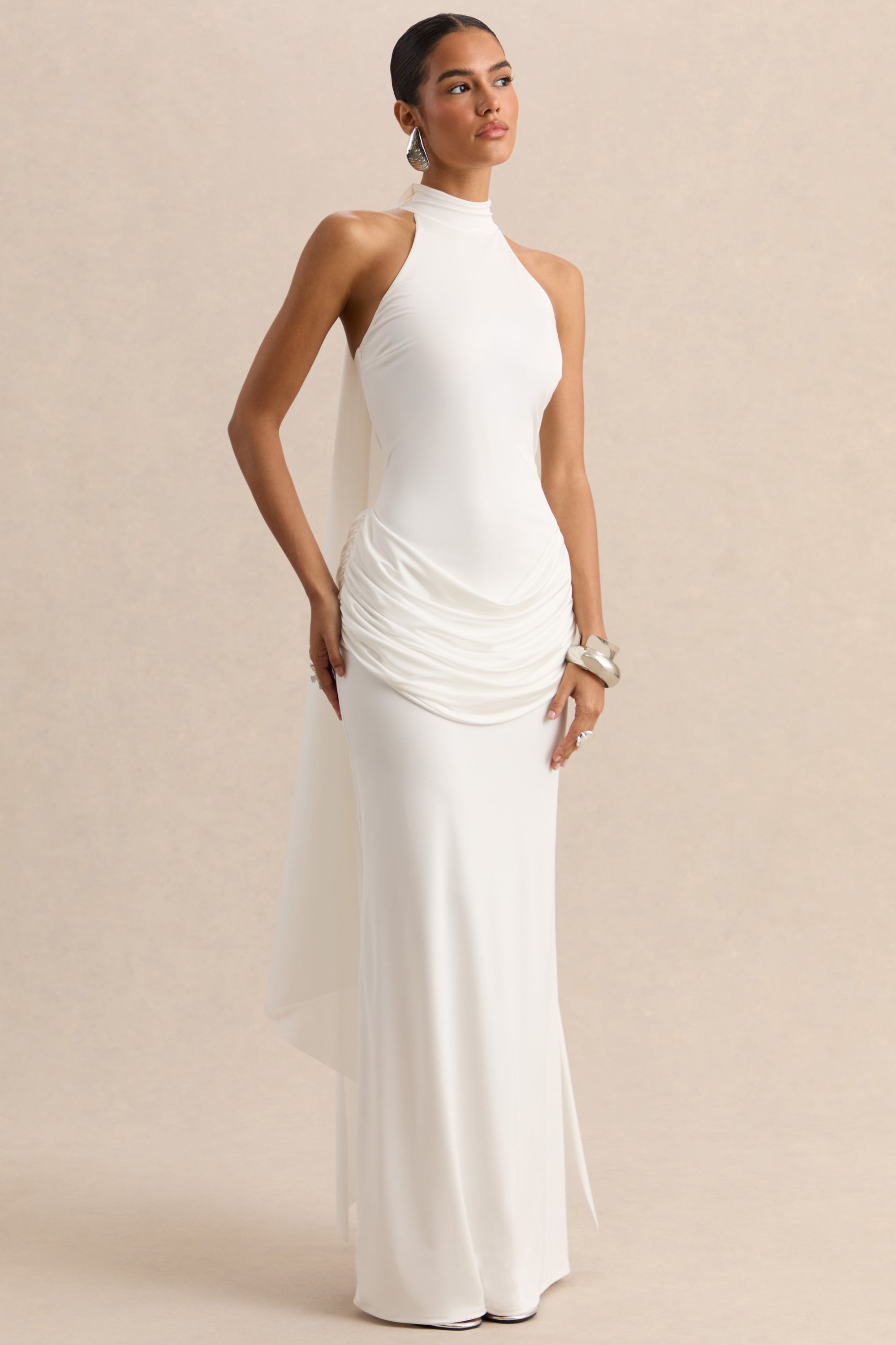 ECM-HR-CL137787110 - Lorintha - White High-Neck Maxi Dress With Draped-Detailing 03.jpg