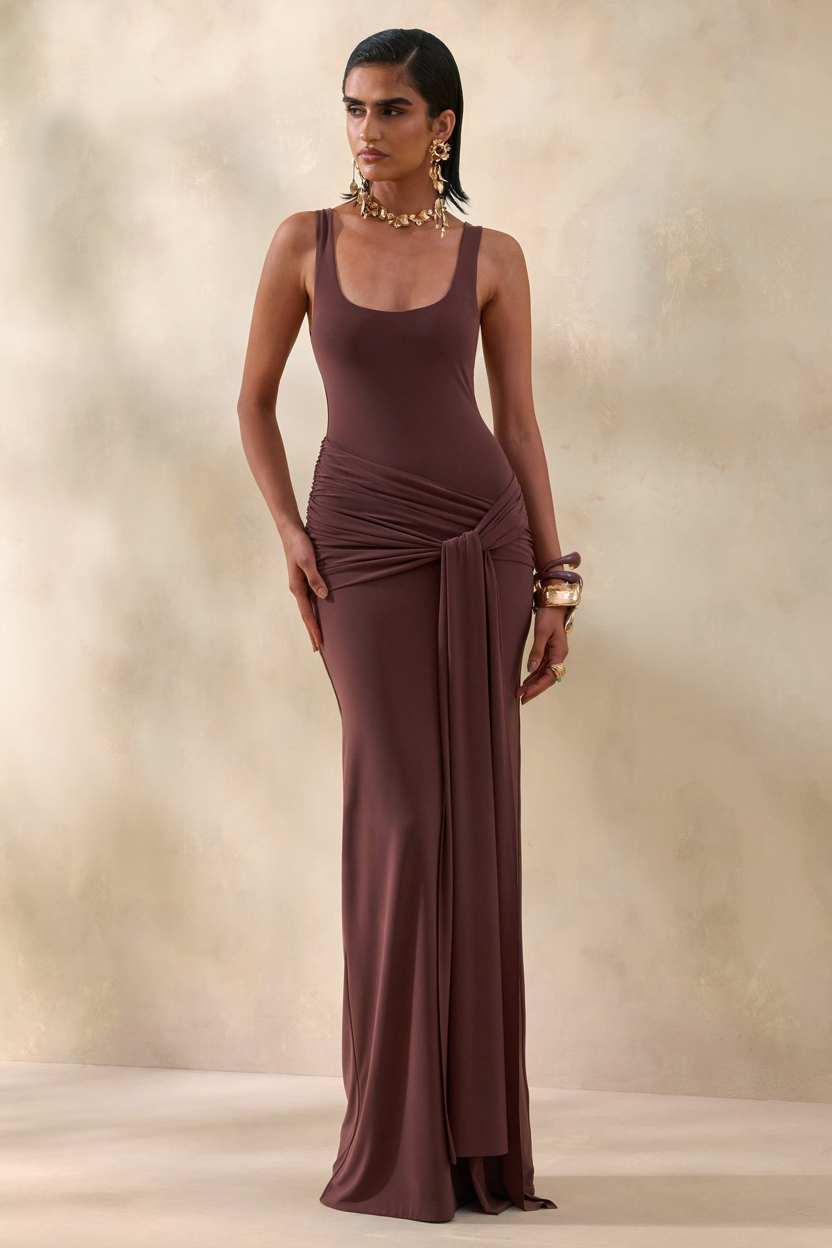 ECM_HR_CL137889021 -Lienna _ Brown Scoop-Neck Maxi Dress With Gathered-Detail And Sash 1.jpg
