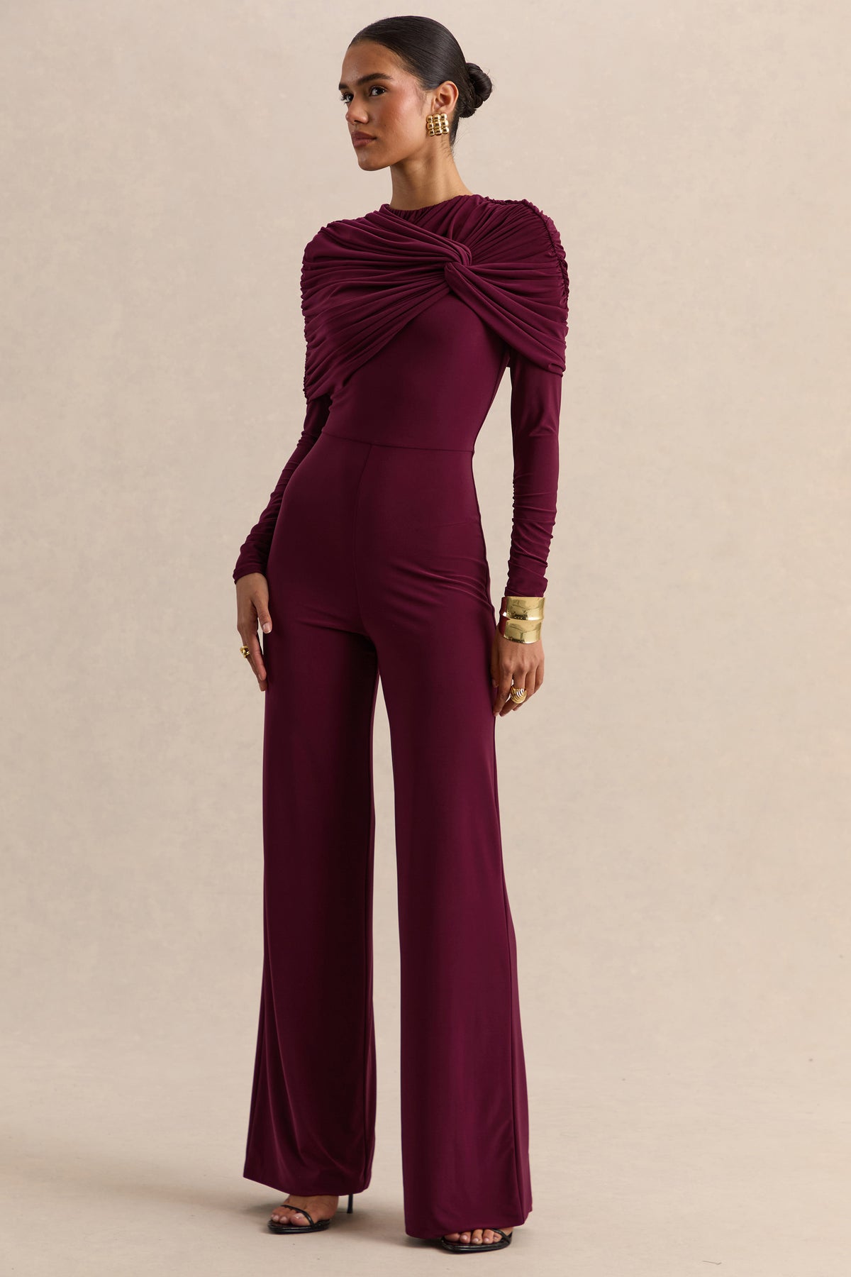 ECM_HR_CL138033102 - Eloura - Burgundy High-Neck Jumpsuit With Twist-Gathered Detail 02.jpg