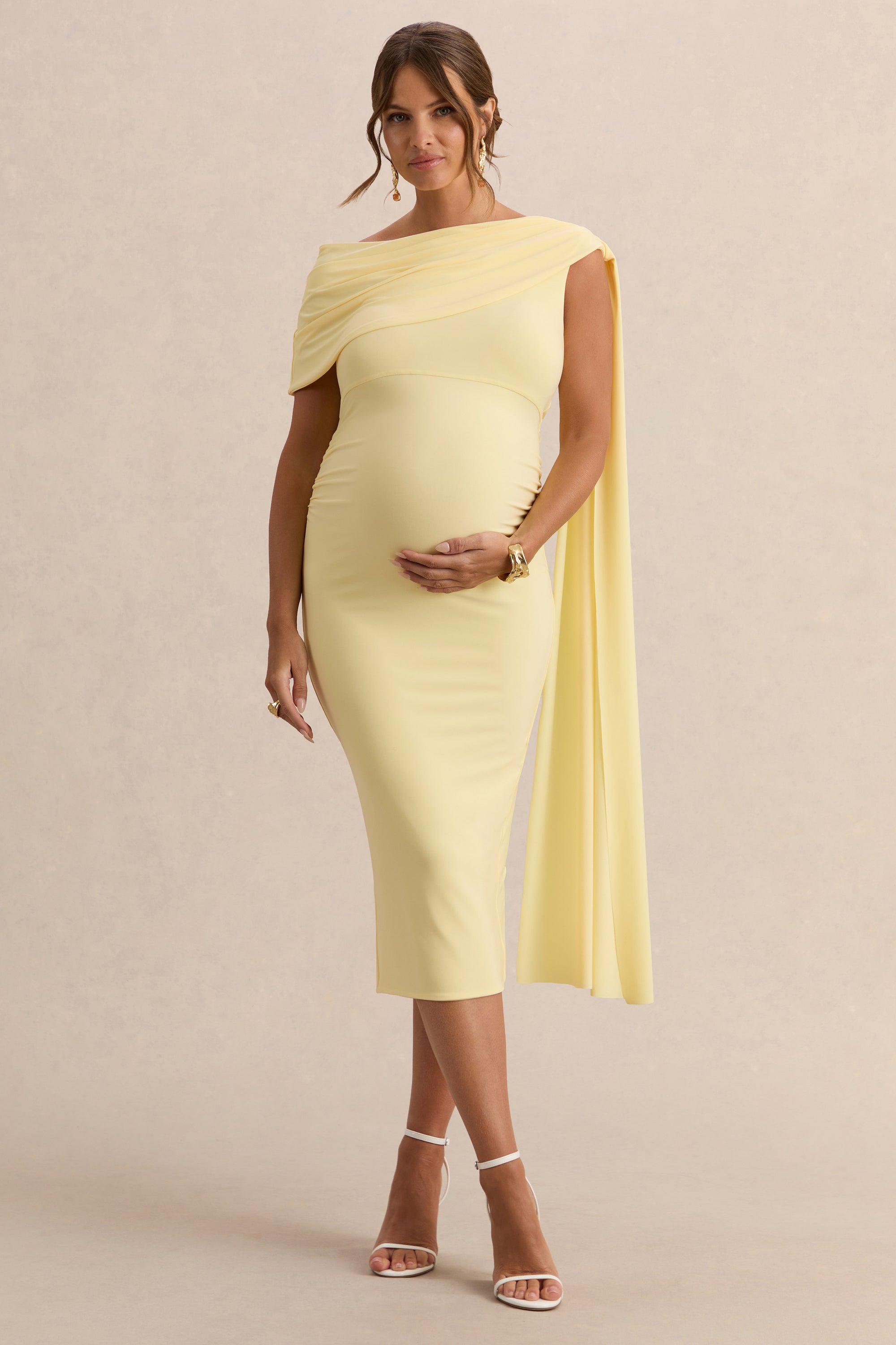 ECM_HR_CL138106121  - Braelyn Lemon Asymmetric-Neck Maternity Midi Dress With Gathered Detailing And Sash 1.jpg