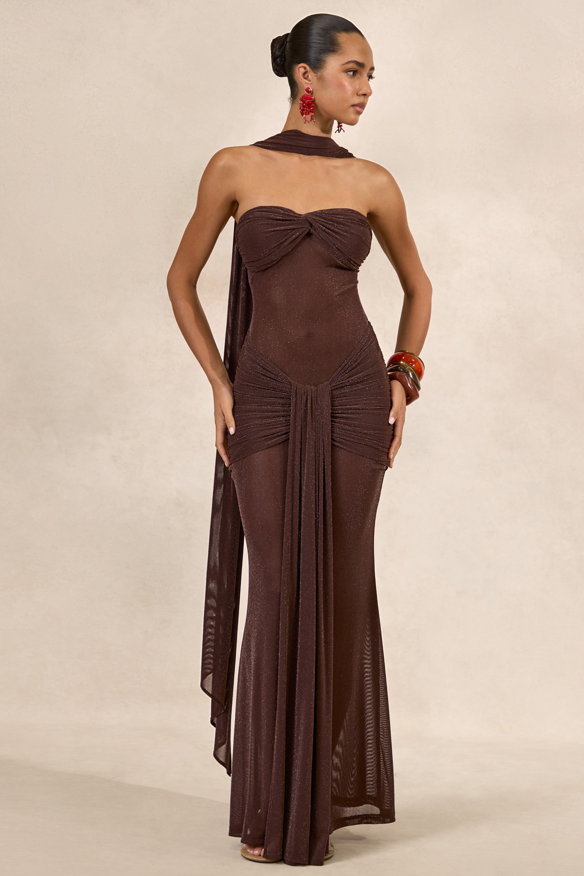 CL138119021 - Ursa _ Brown Bandeau-Neck Maxi Dress With Scarf Detail And Gathered Detailing0.jpg